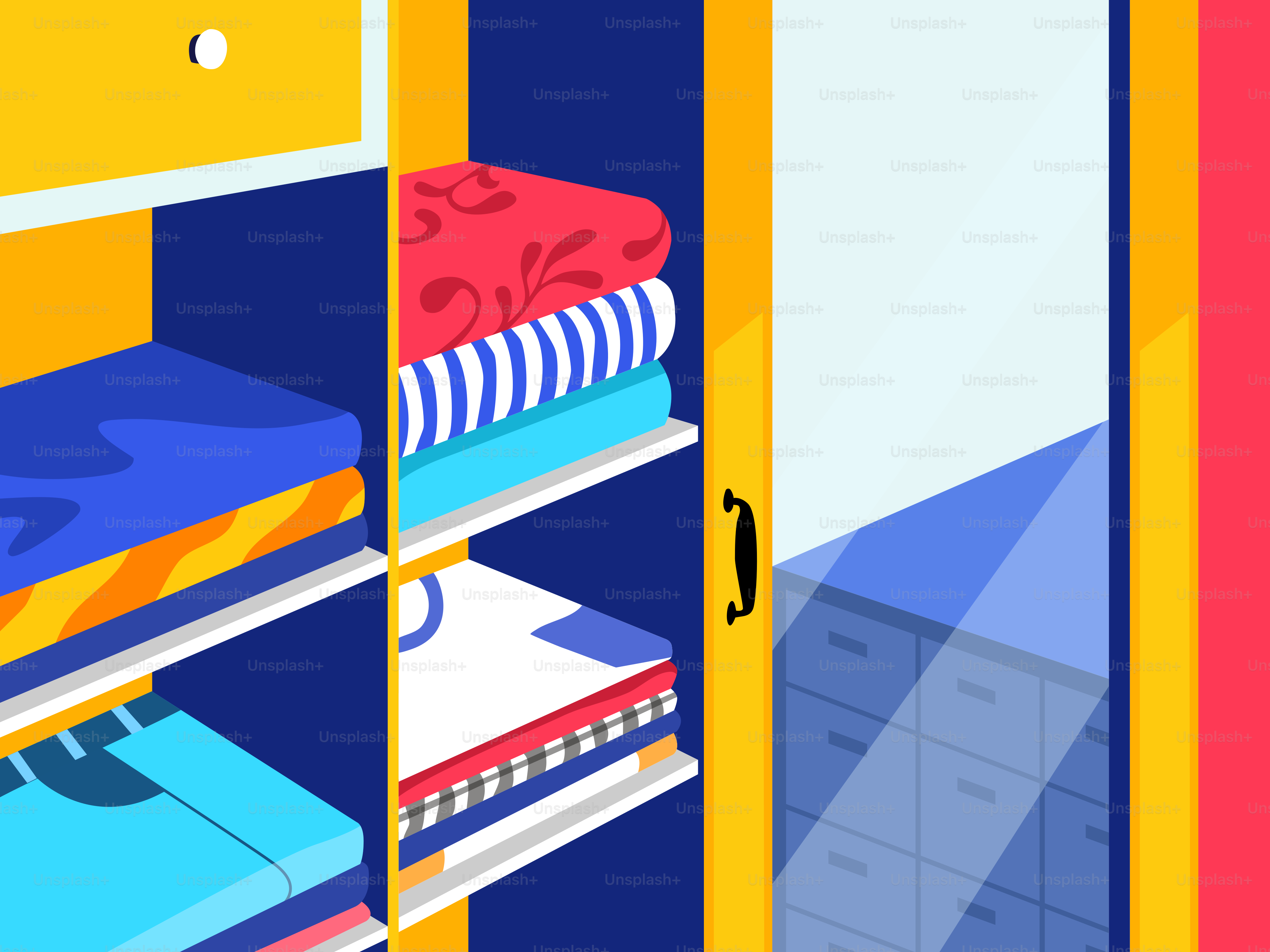 A cartoon of a closet with books and files