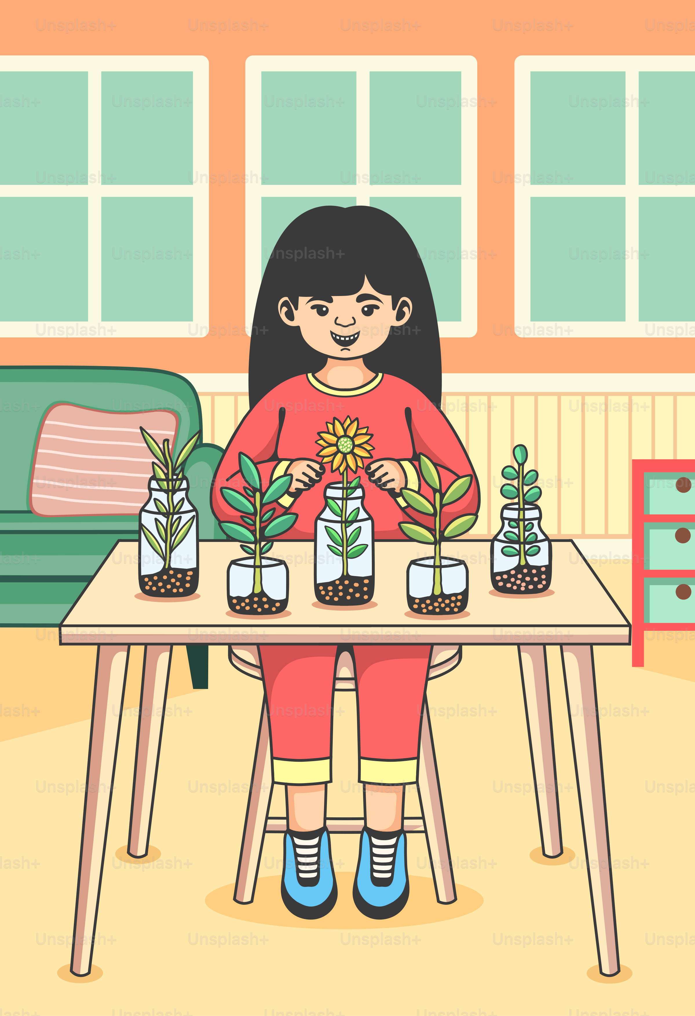 Ein Mädchen sitzt an einem Tisch mit Pflanzen