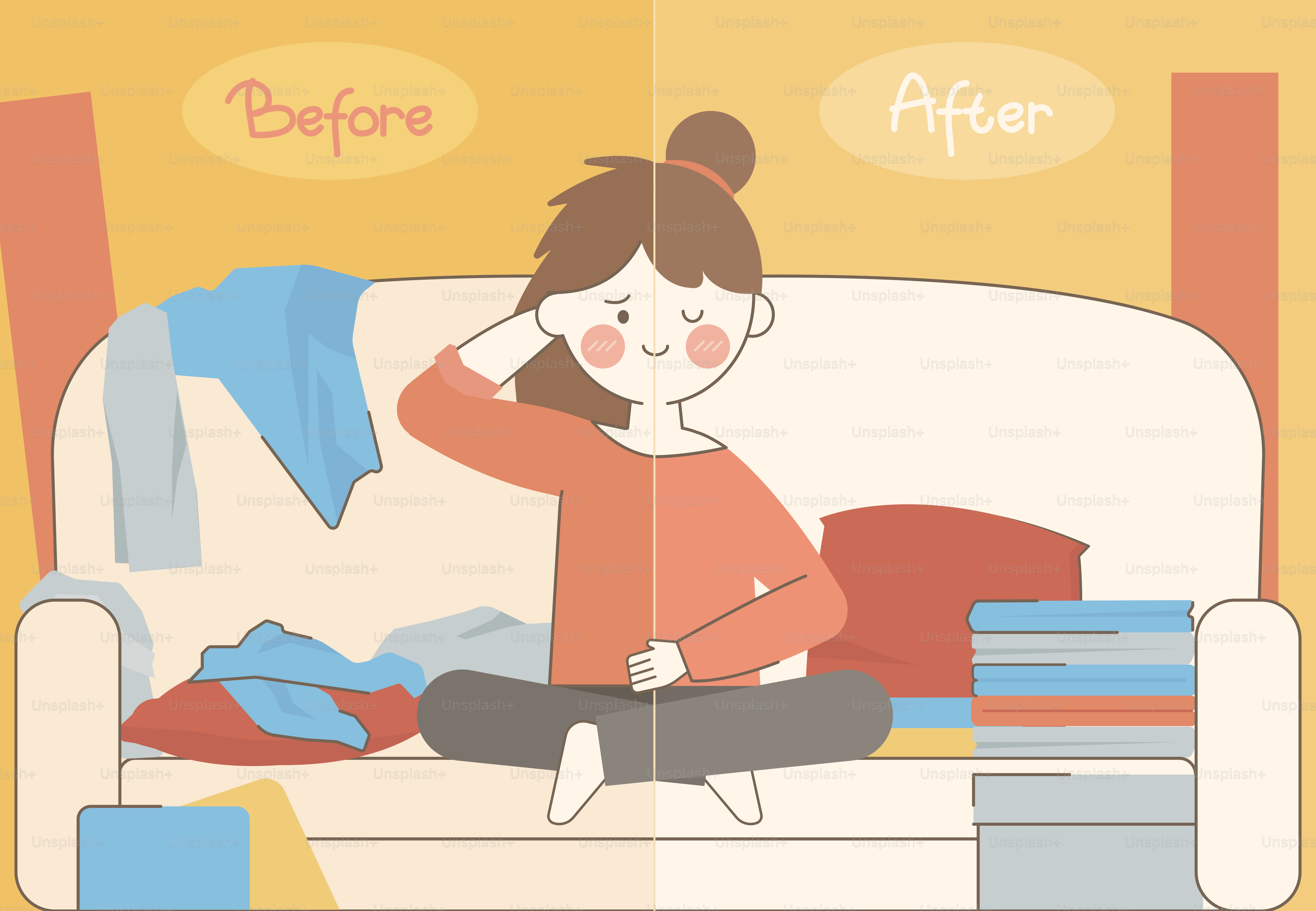 A woman sitting on a couch with a pile of clothes