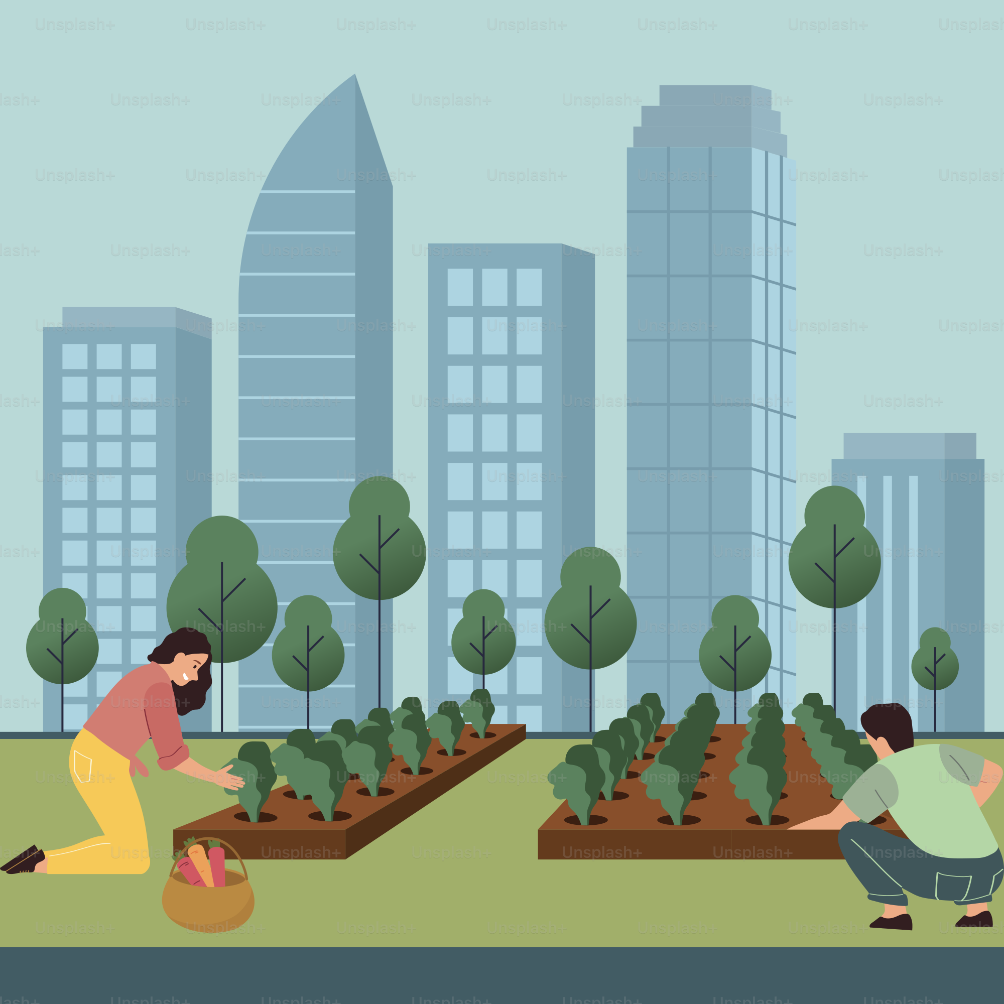 People working in a garden with buildings in the background