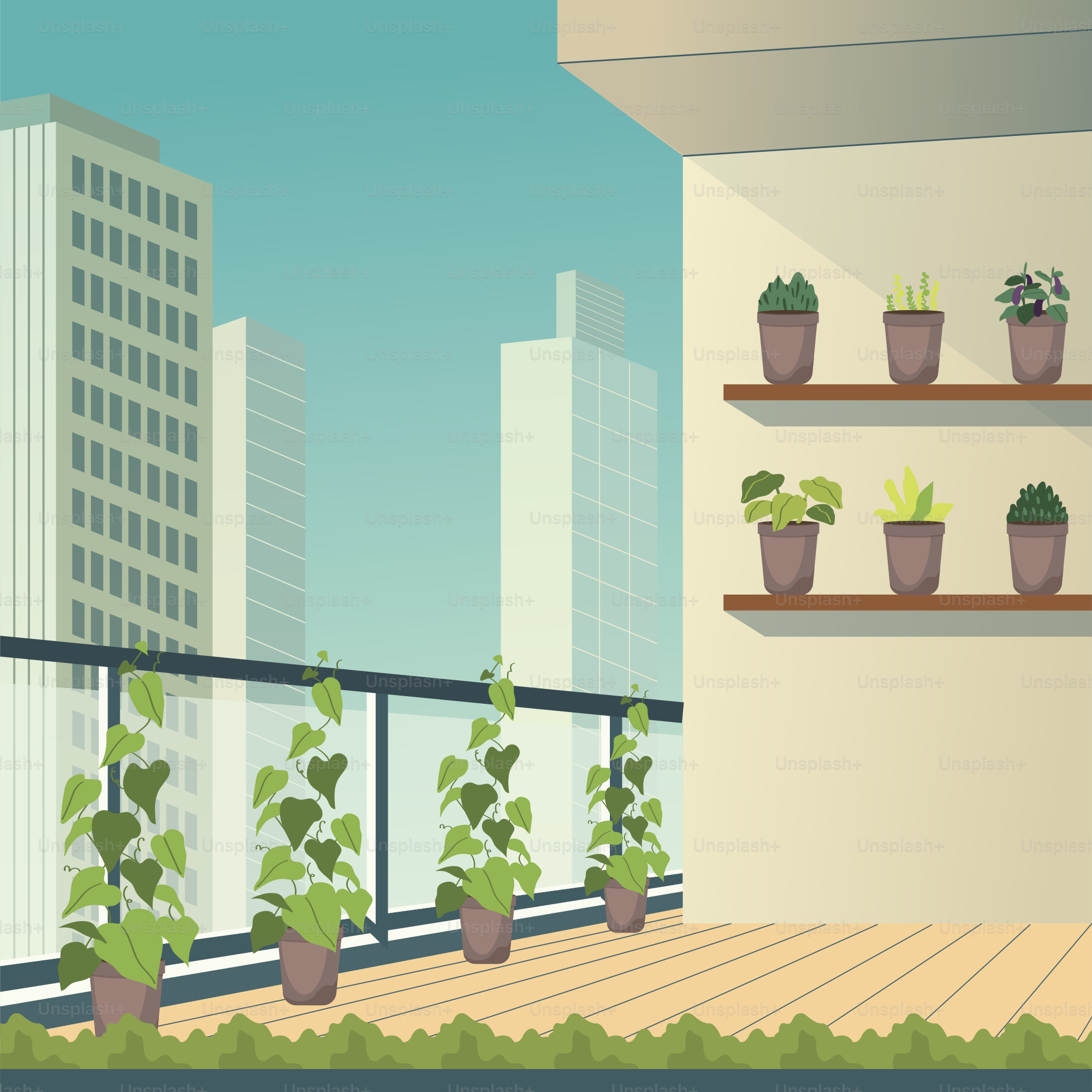 A balcony with potted plants and a city in the background