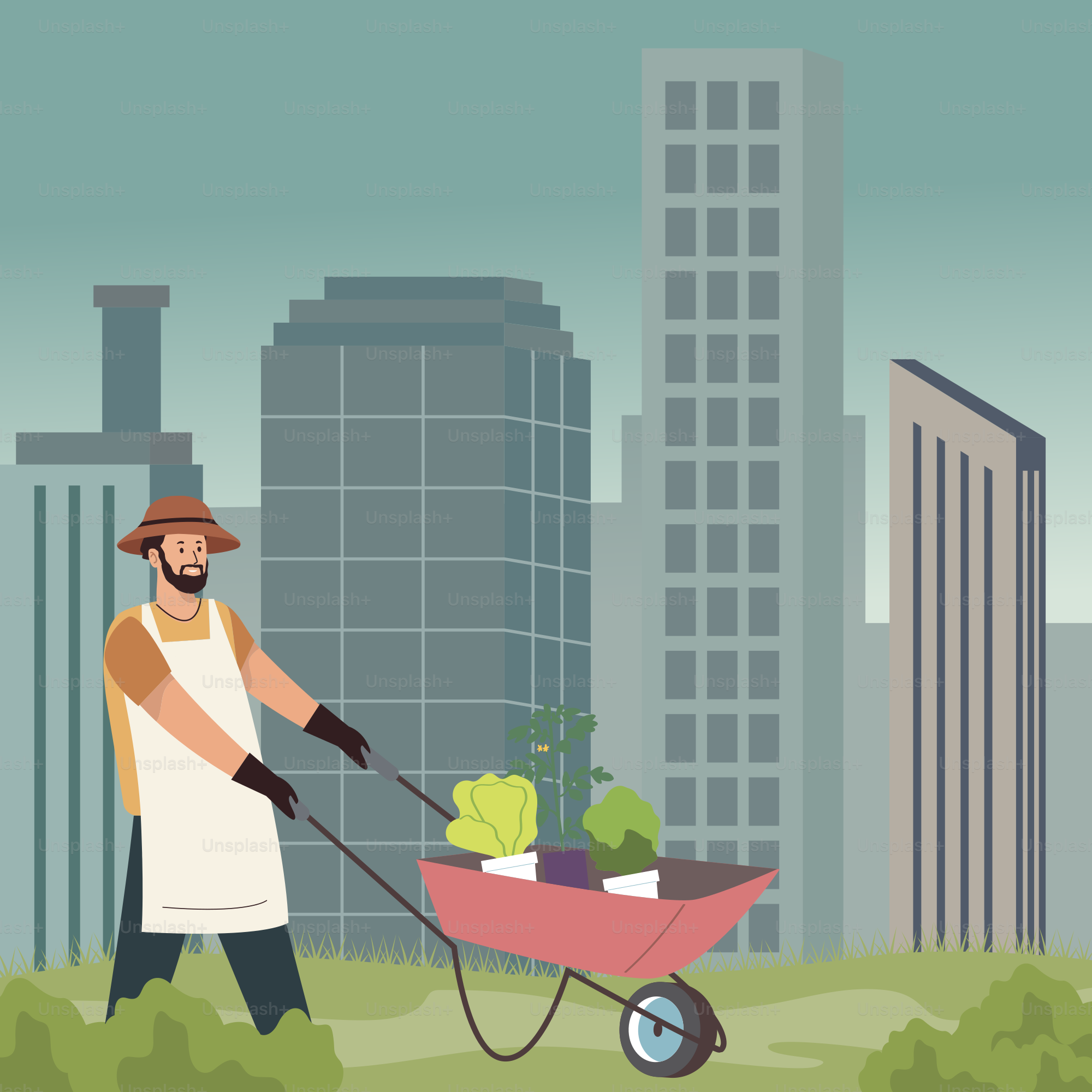 A man pushing a wheelbarrow filled with plants