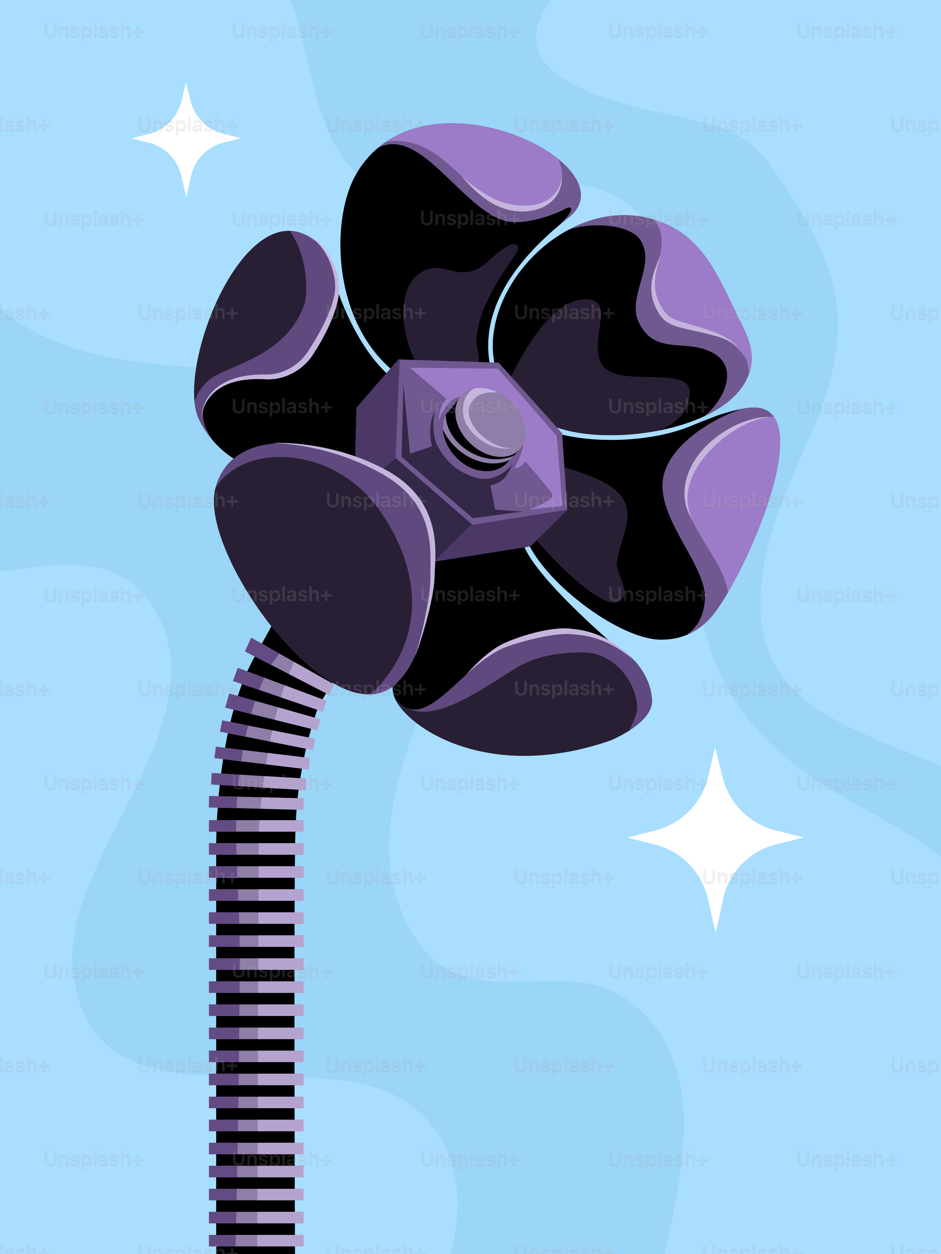 A purple and black object on a blue background