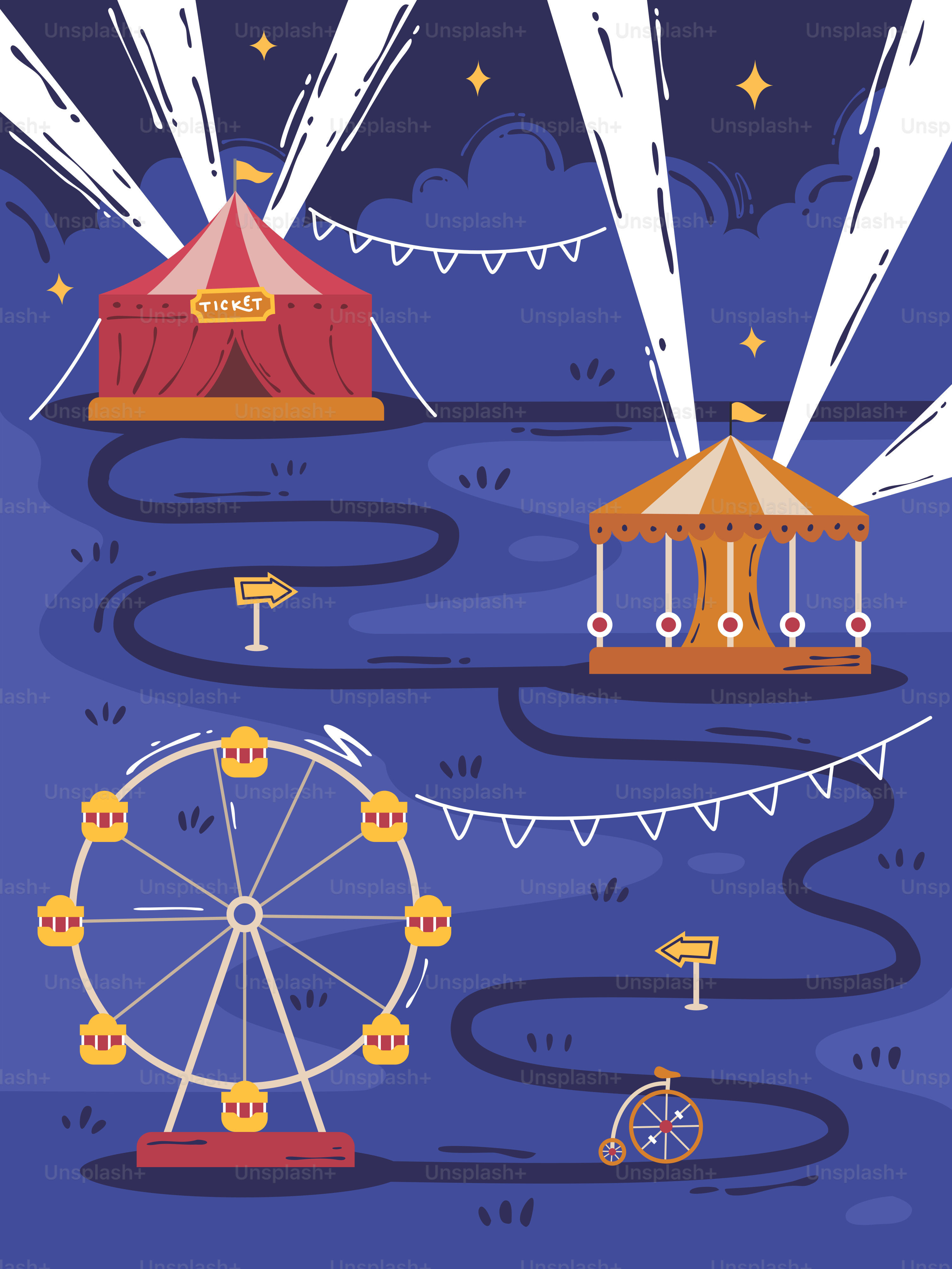 Ein Jahrmarkt mit Riesenrad und Zirkuszelt