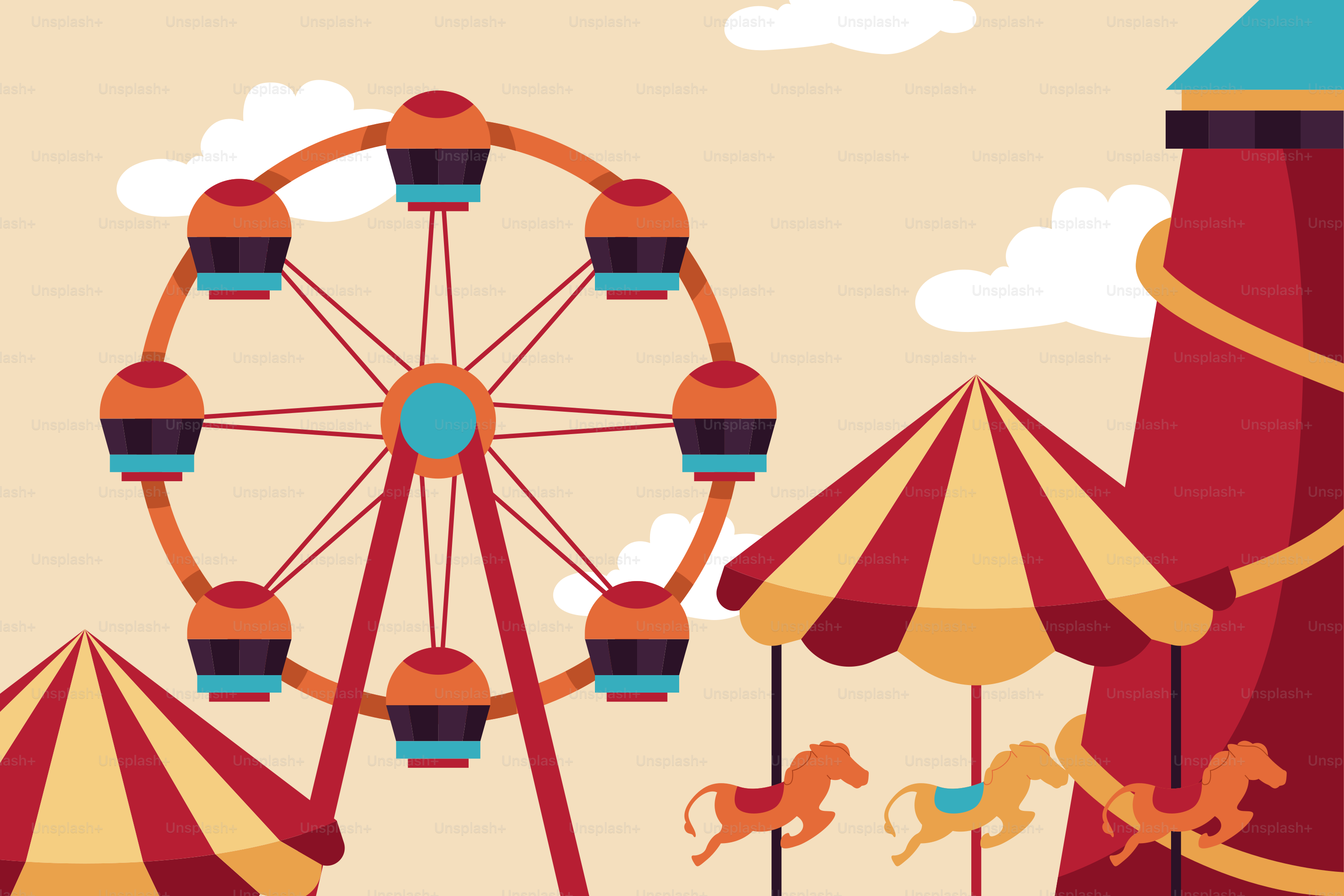 観覧車とメリーゴーラウンドのあるカーニバル