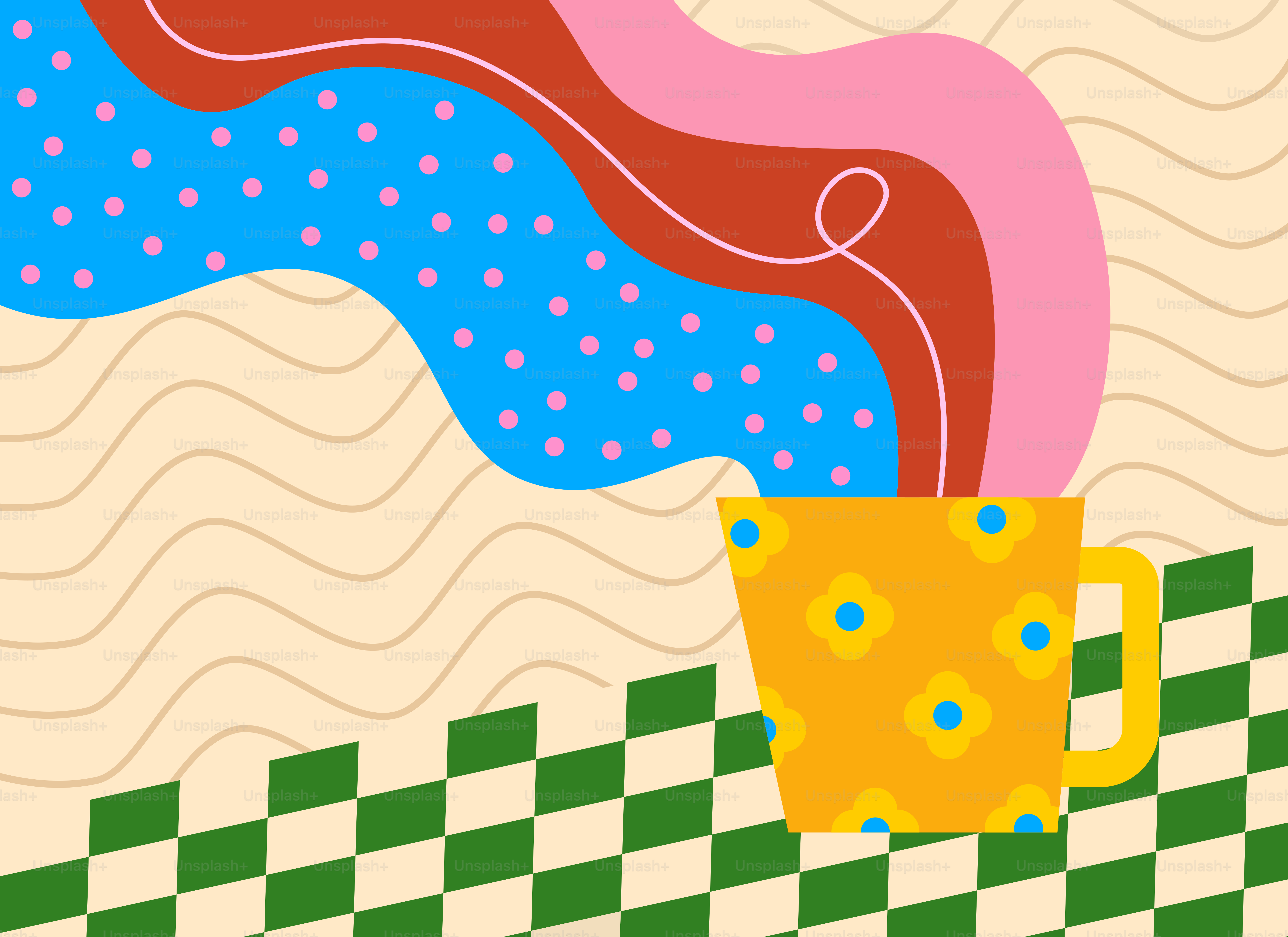 A cup of coffee is sitting on a checkered tablecloth