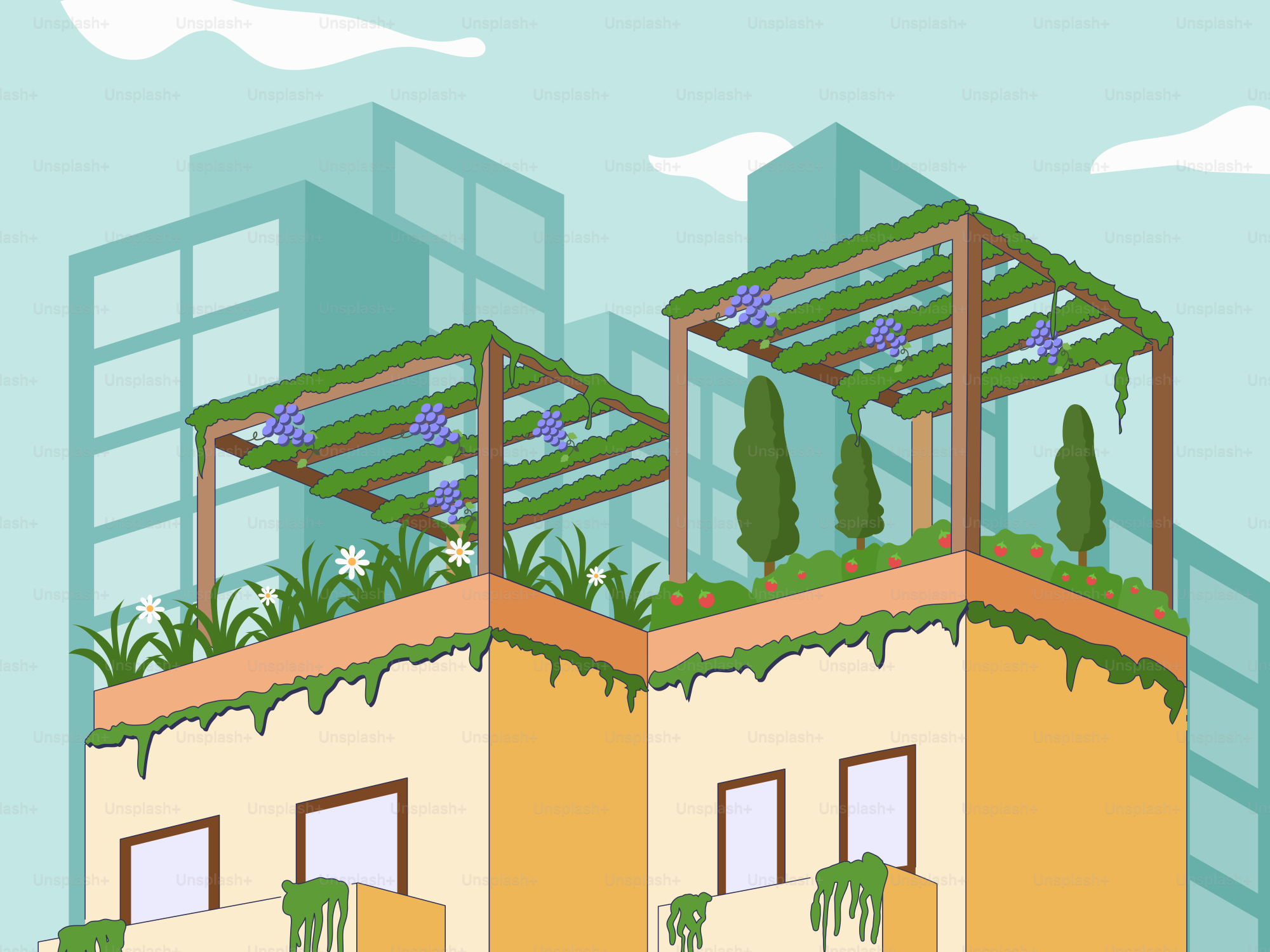 Quelques bâtiments avec des plantes au-dessus