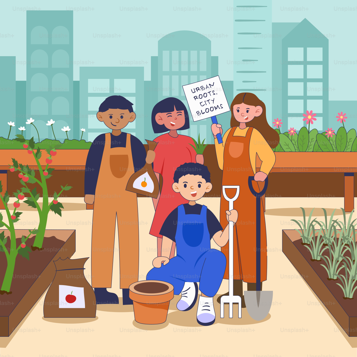 A group of people standing around a garden