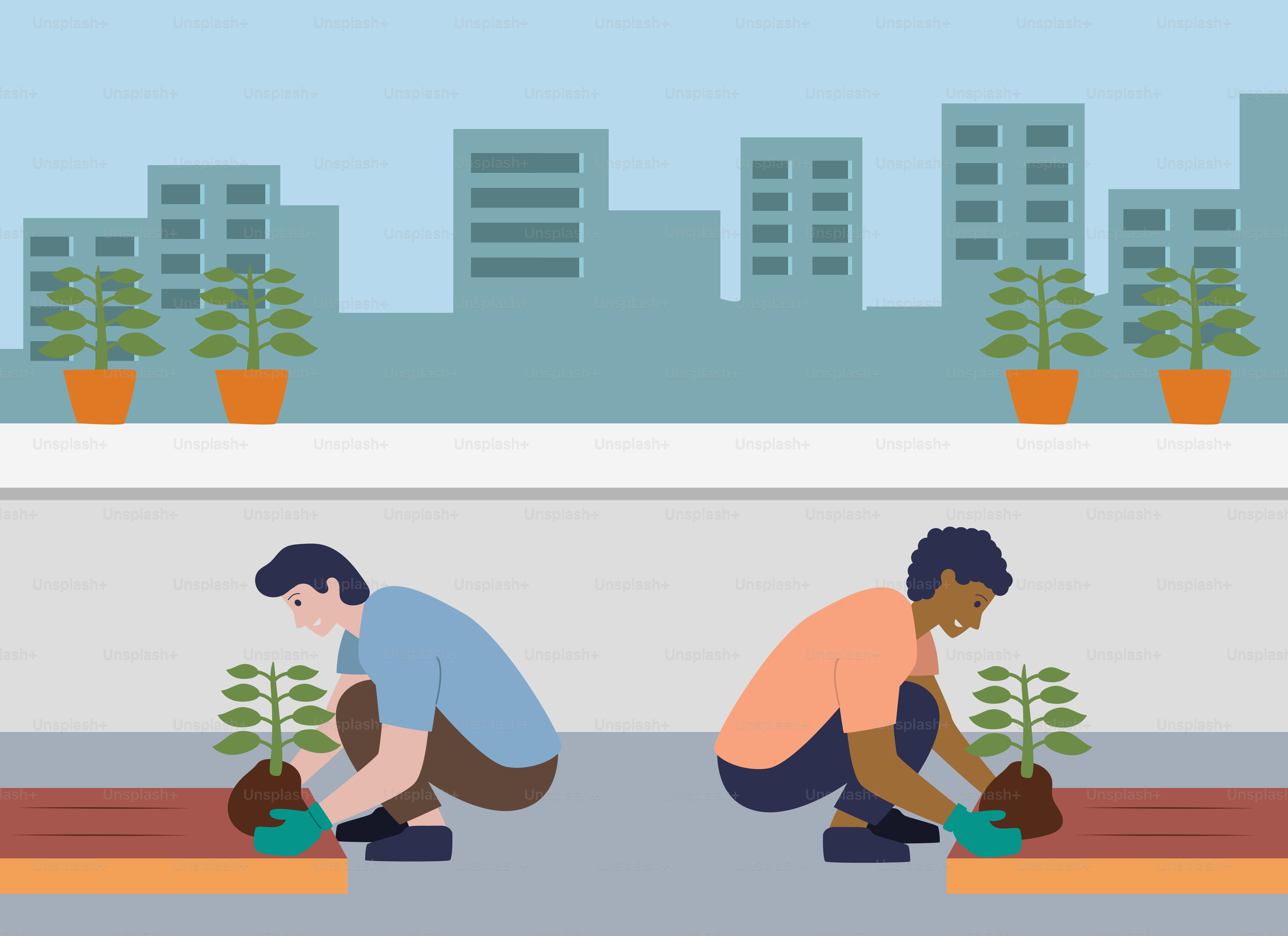 Two men are planting plants in a city
