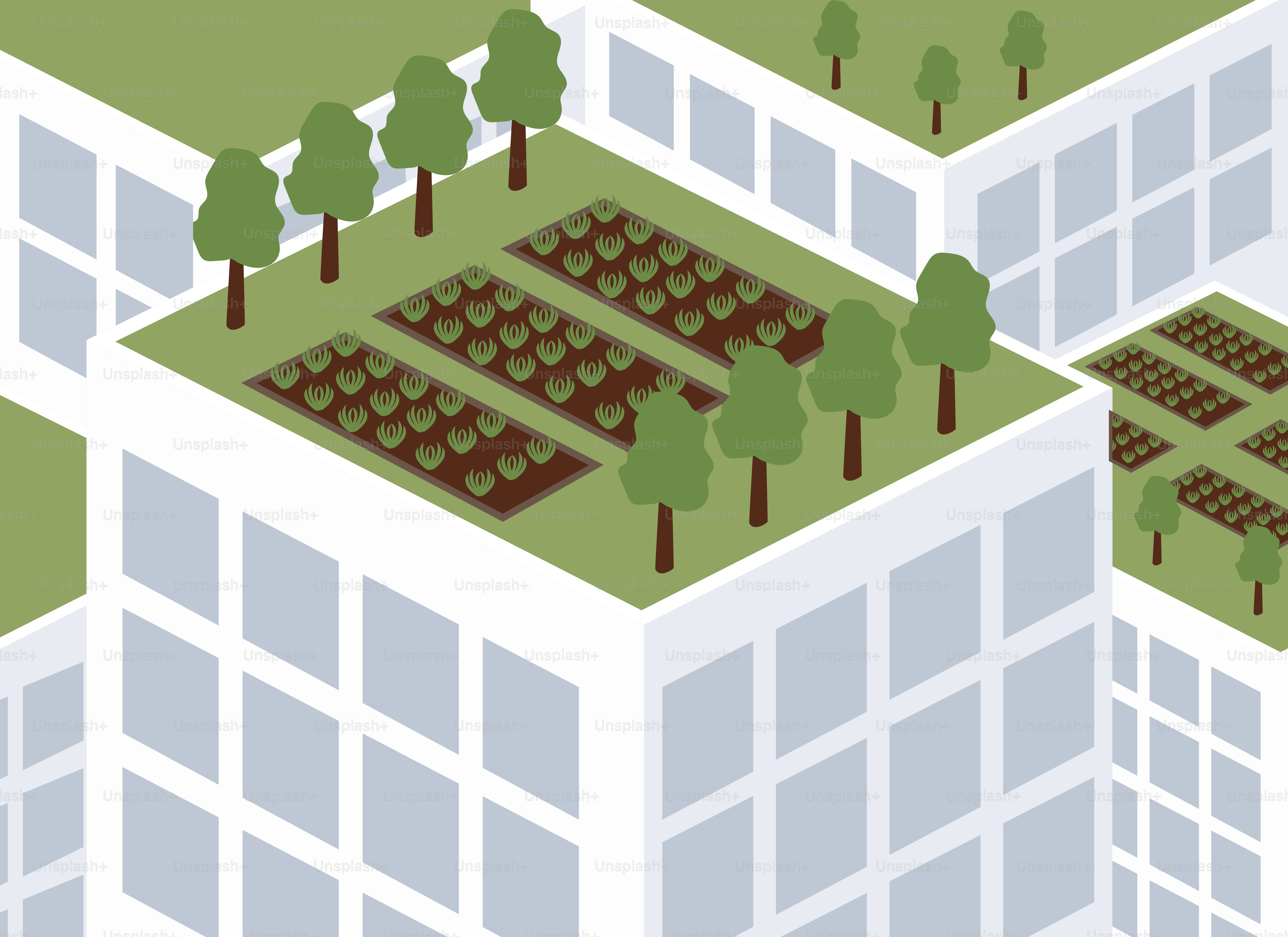 A group of buildings with trees on top of them