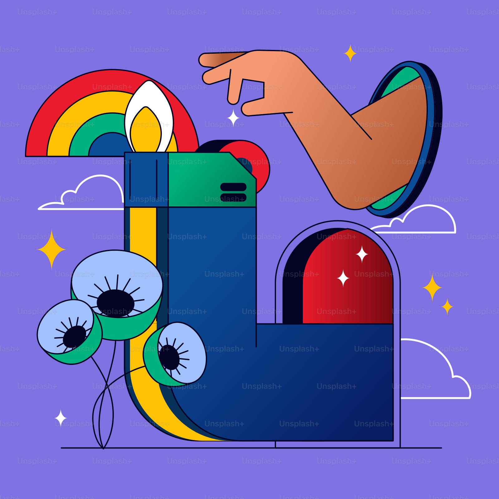 A hand reaching out of a mailbox with a rainbow in the background