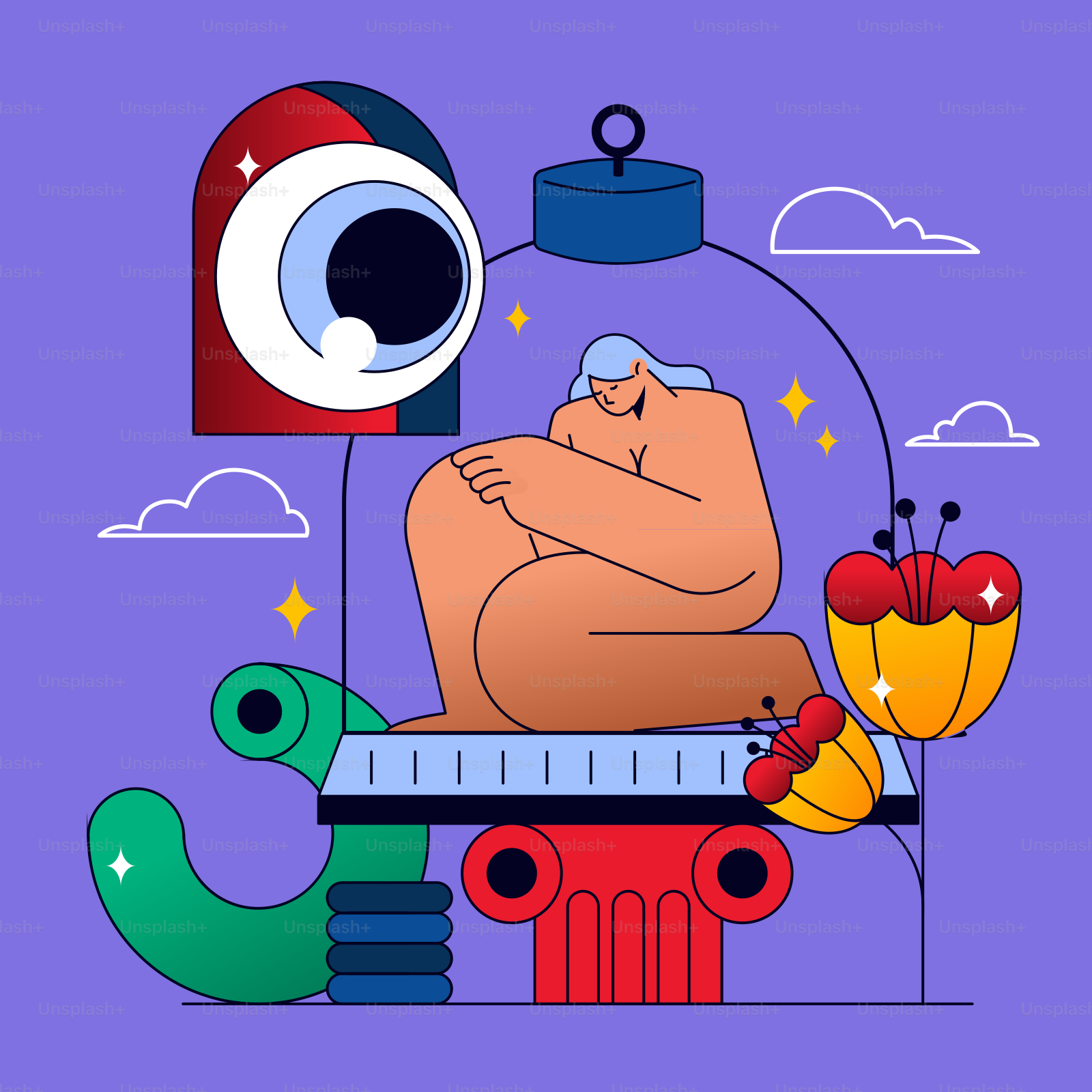 A cartoon character with a purple background