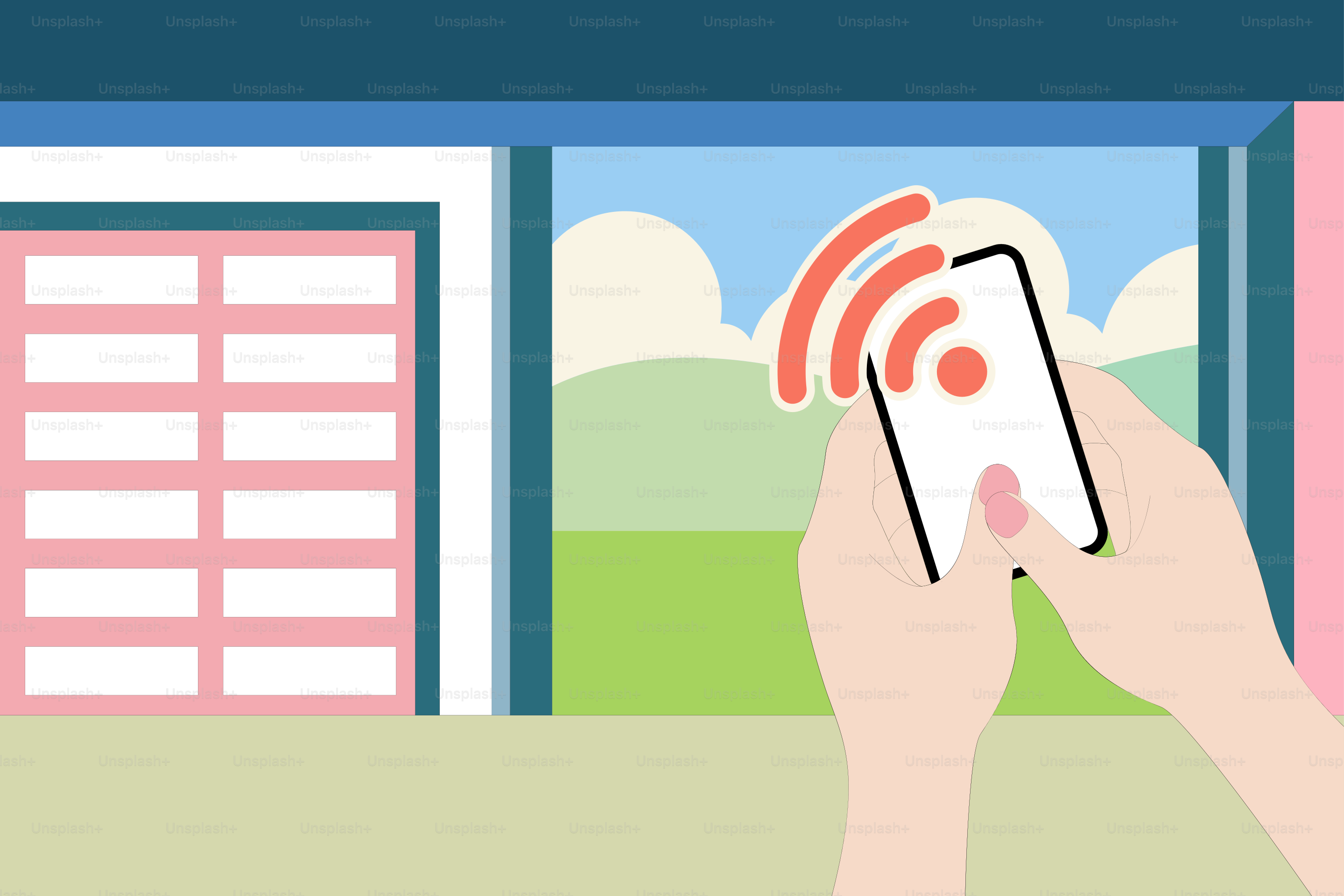 A person holding a smart phone in front of a building