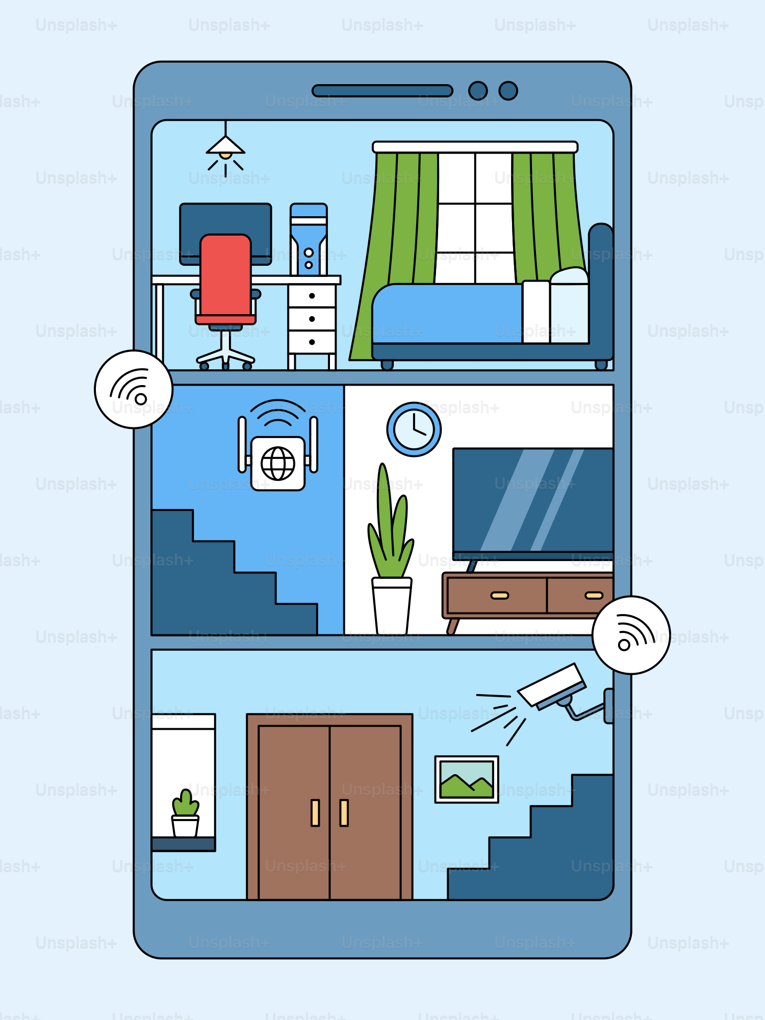 A phone with a picture of a bedroom on the screen