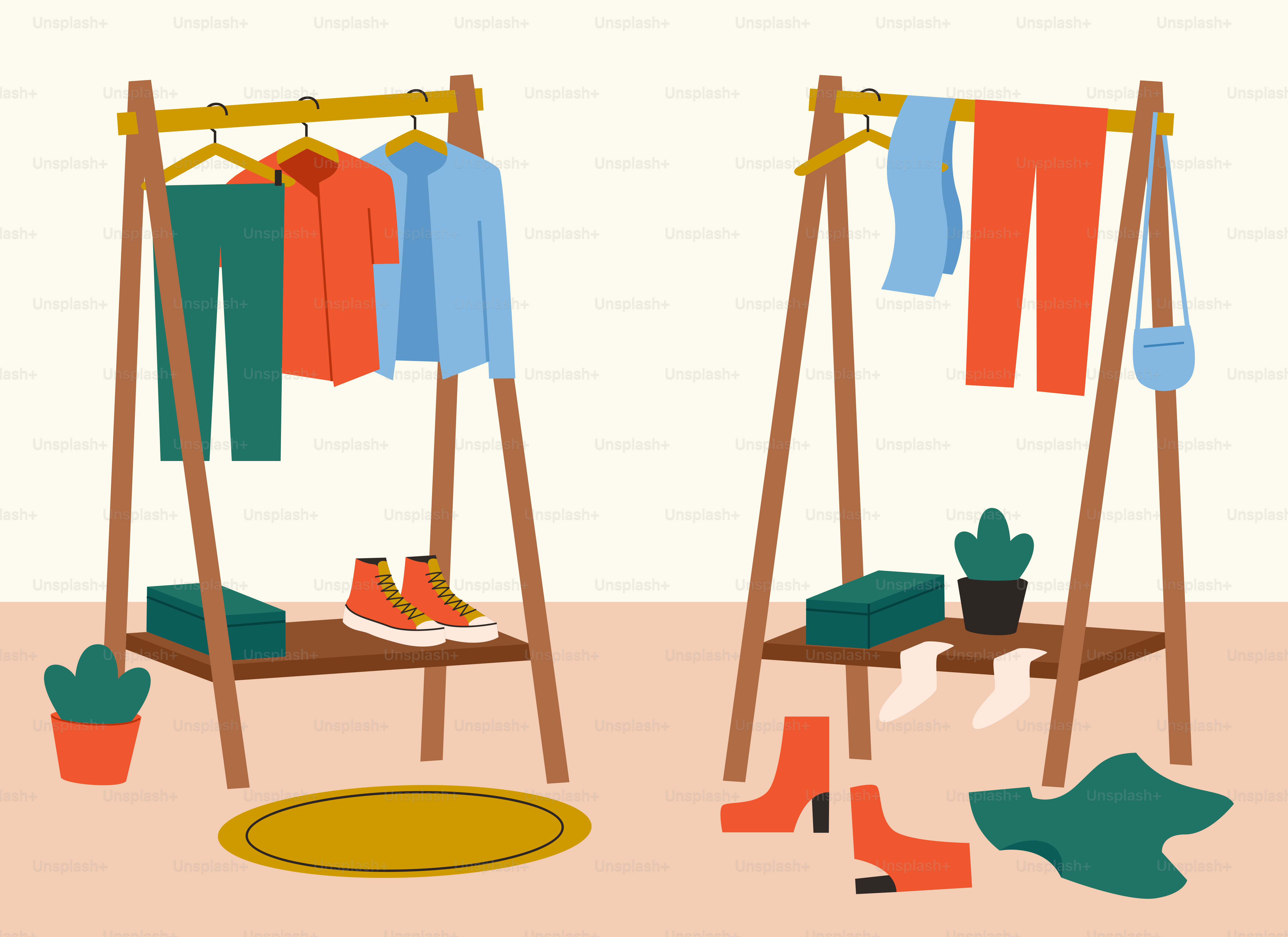 A clothes rack with shoes and a potted plant