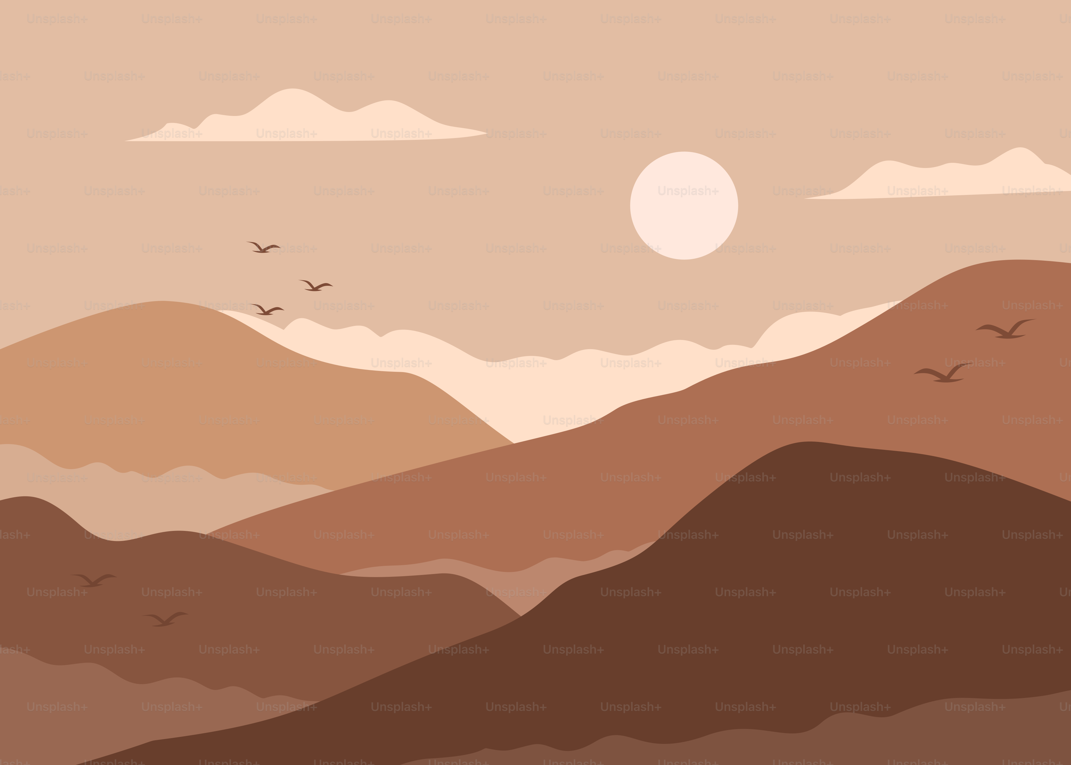 A painting of mountains with birds flying in the sky