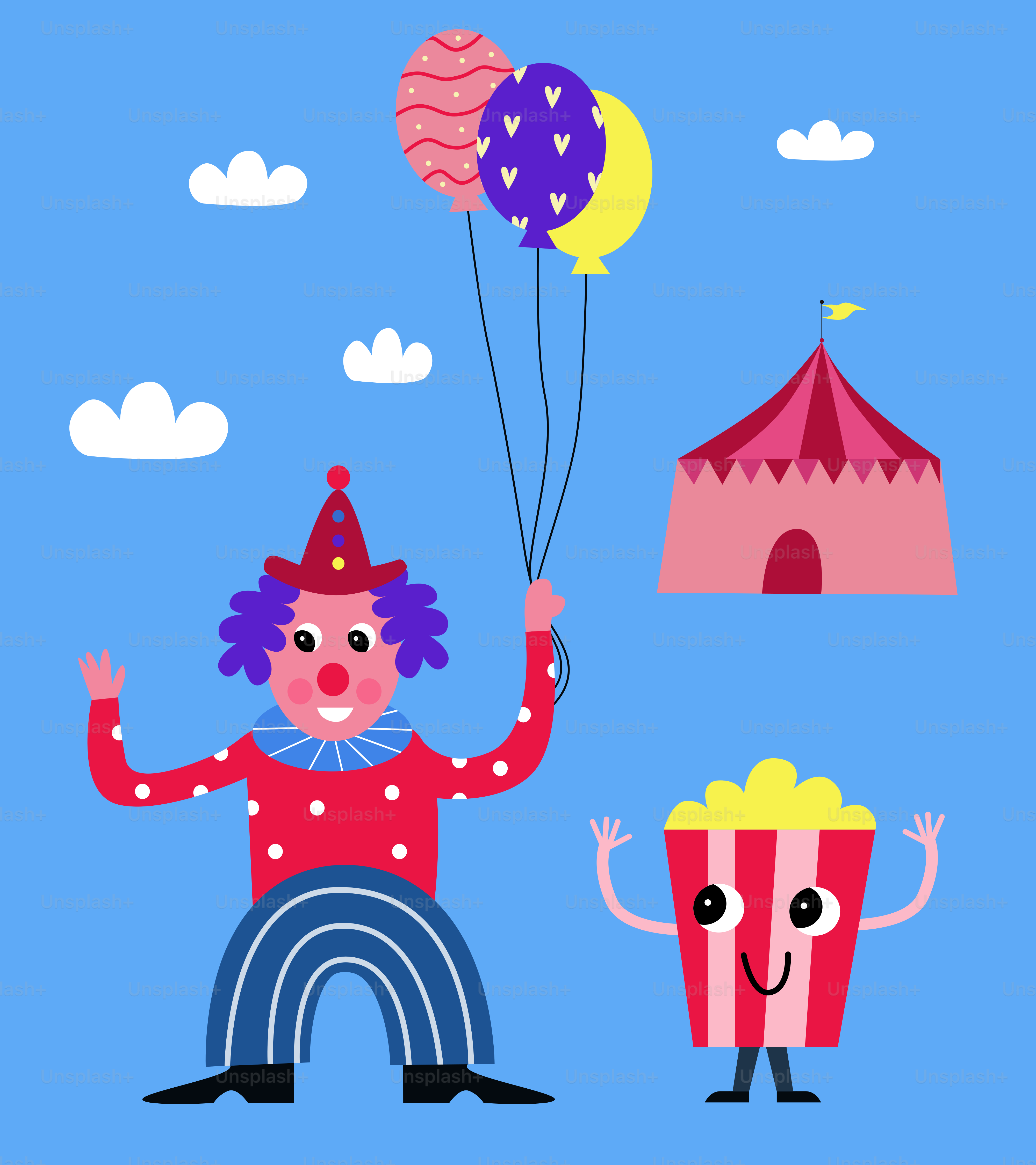 A cartoon clown holding onto a bunch of balloons
