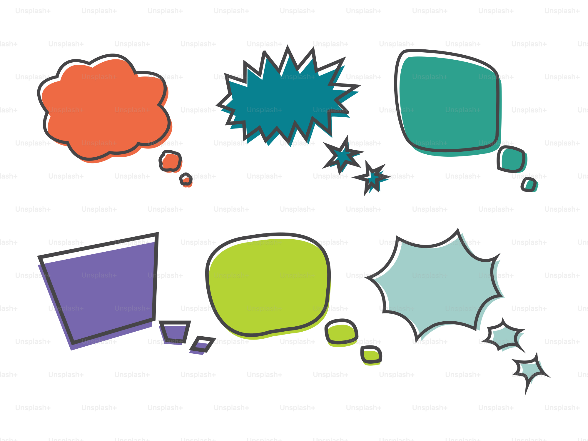 Un grupo de globos de diálogo y estrellas sobre un fondo blanco