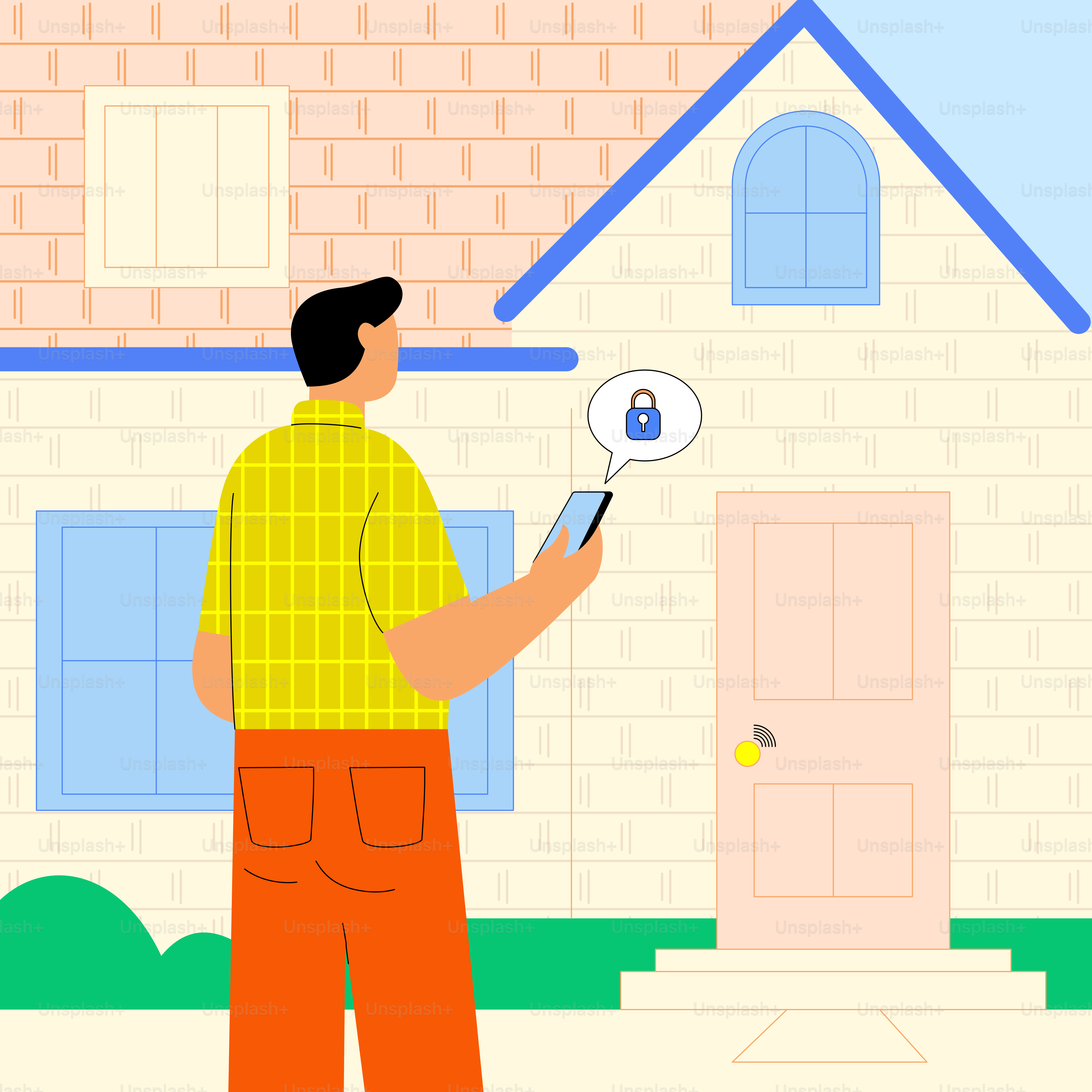 A man standing in front of a house holding a smart phone