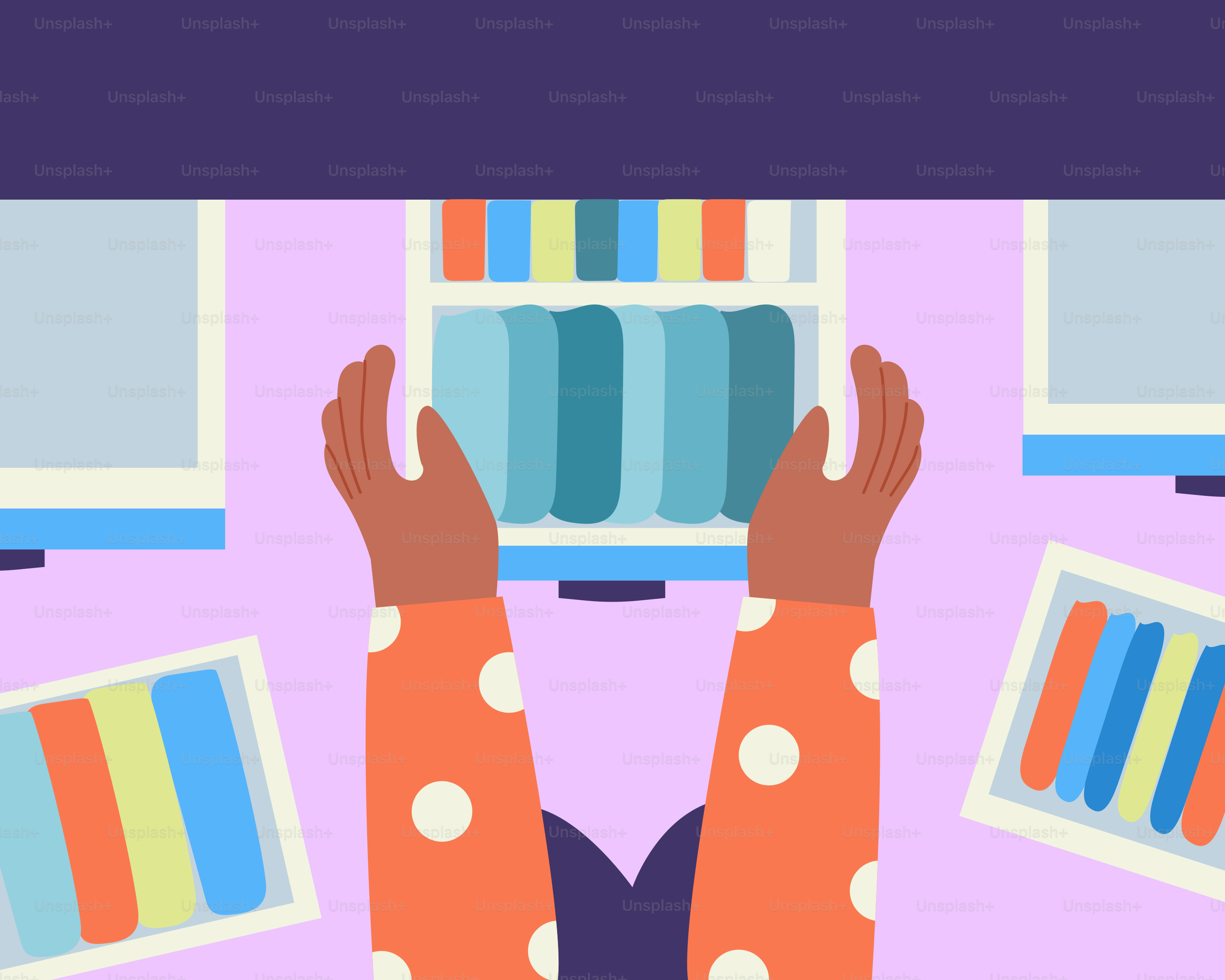 A person laying on the floor in front of a book shelf