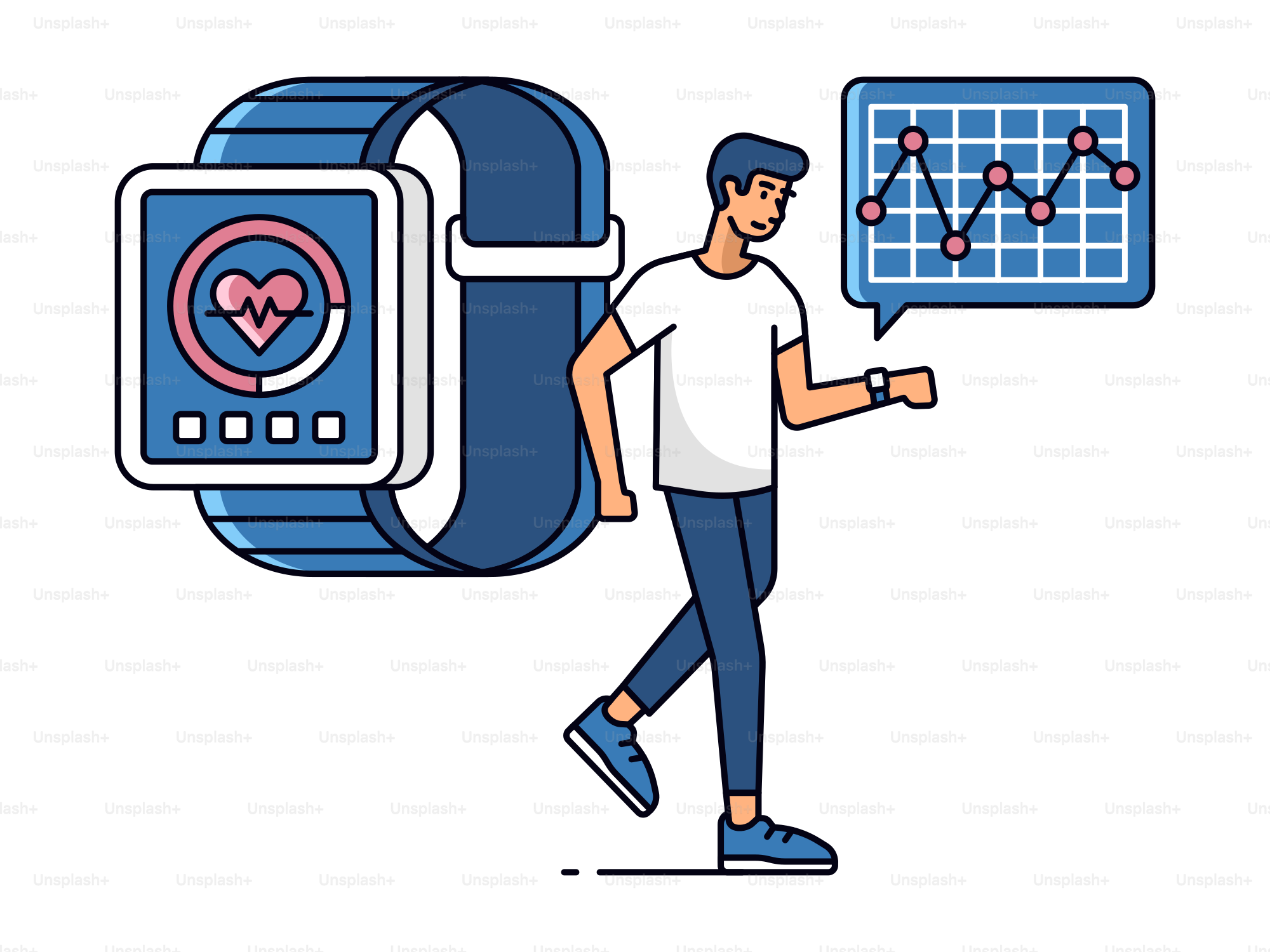 Un hombre caminando con un reloj inteligente en la mano