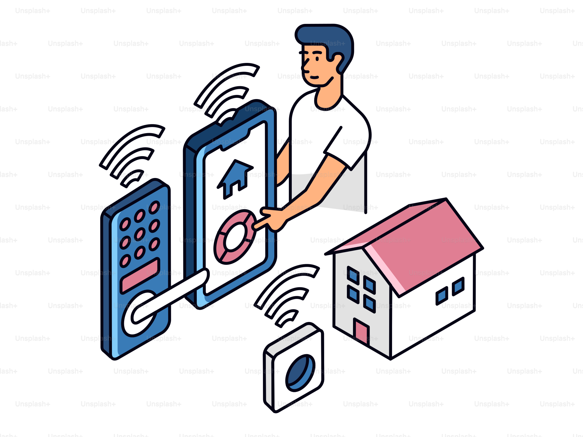 Um homem está usando um telefone celular para se conectar com uma casa