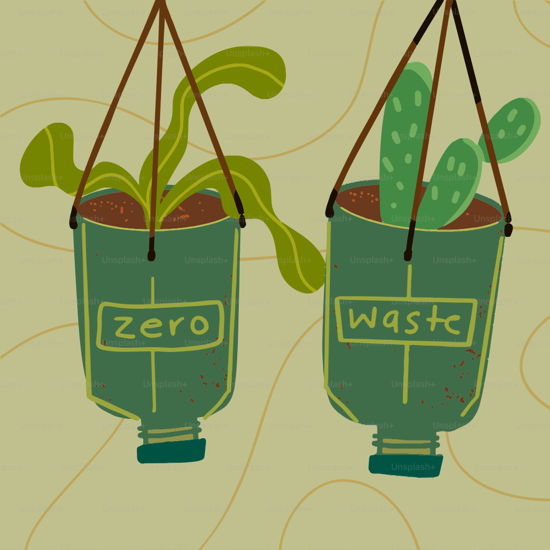 A couple of hanging planters filled with plants