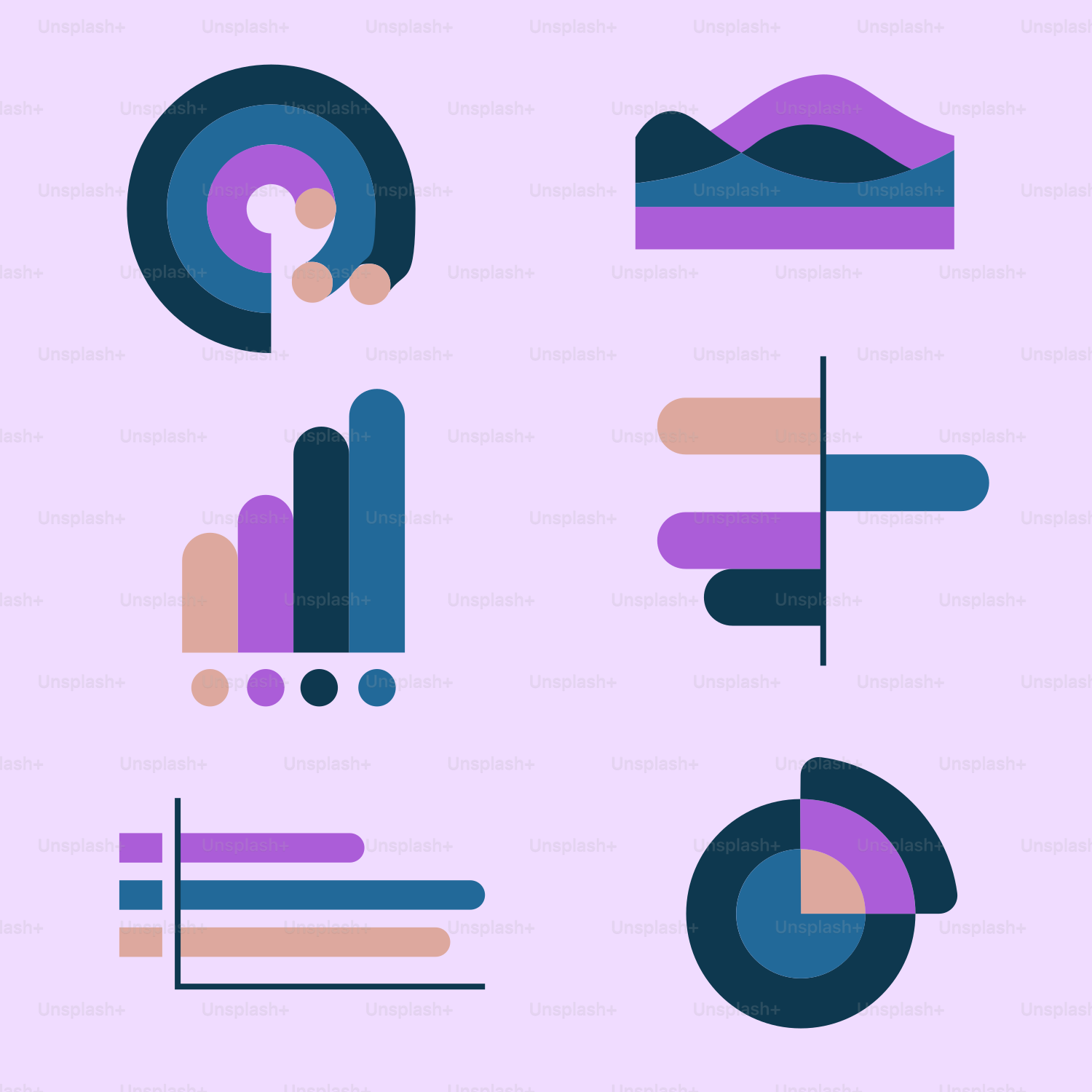 A bunch of different shapes that are on a pink background