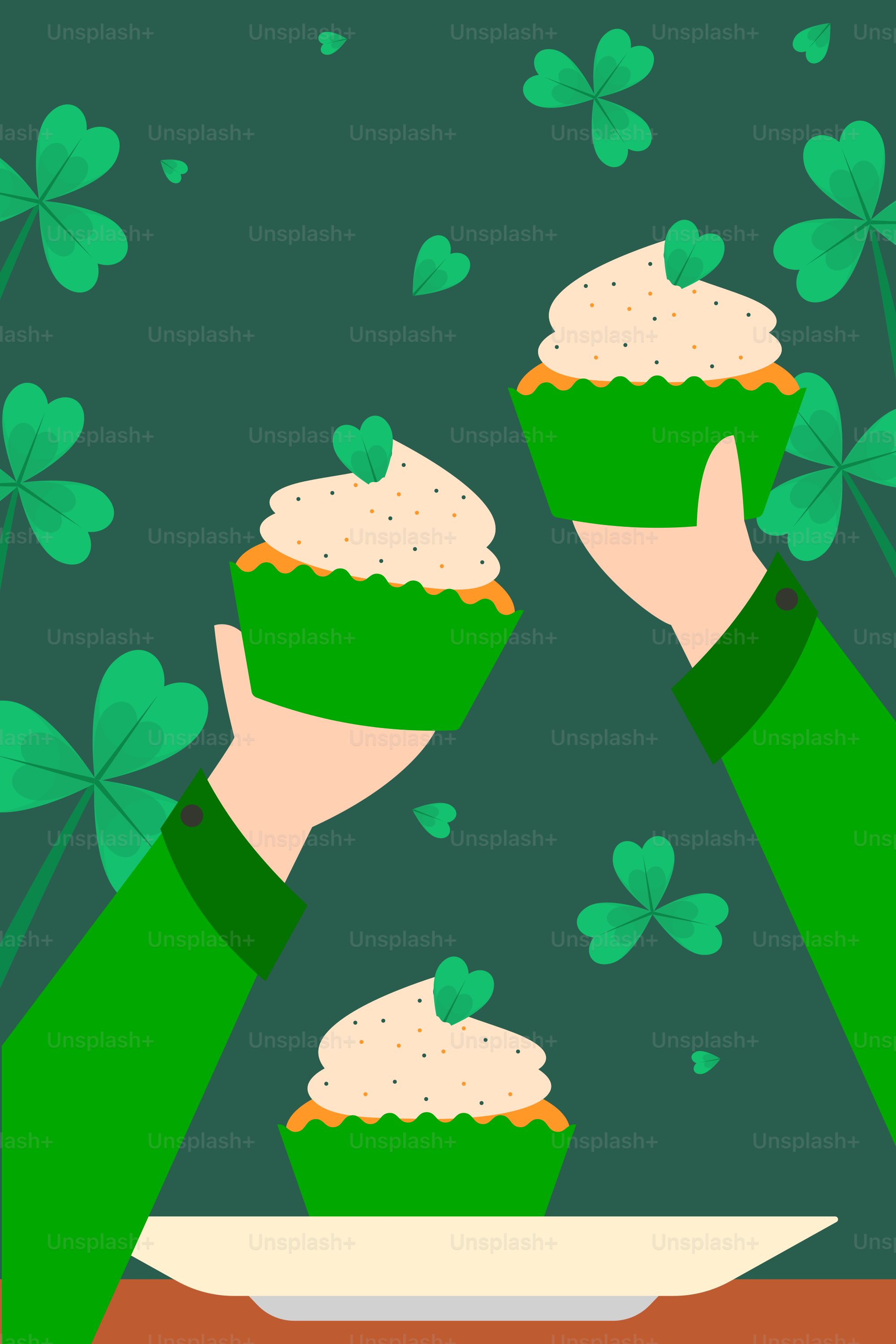 A st patrick's day card with a person holding a plate of cupcake