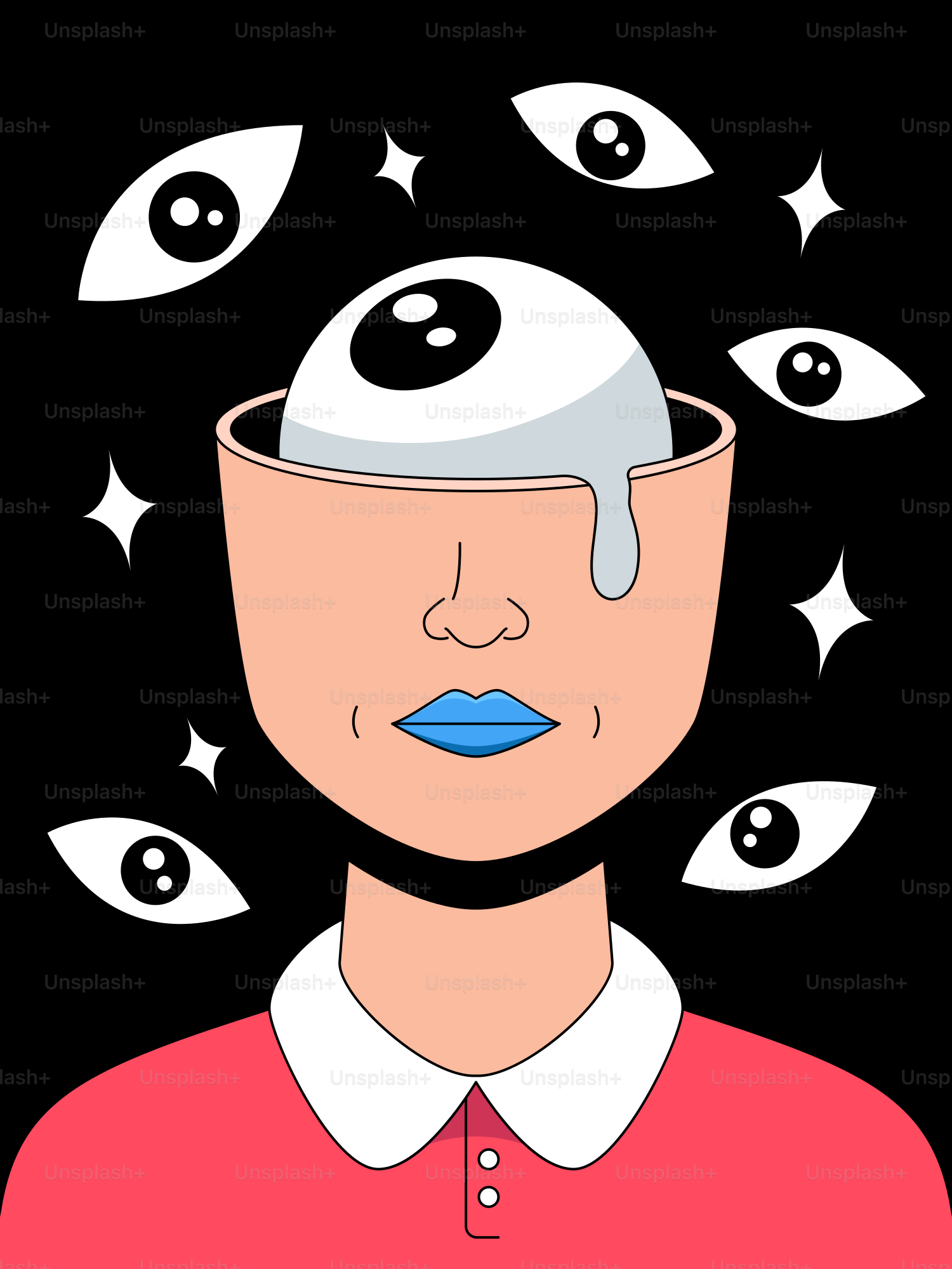 A man with an eyeball on his head surrounded by eyes