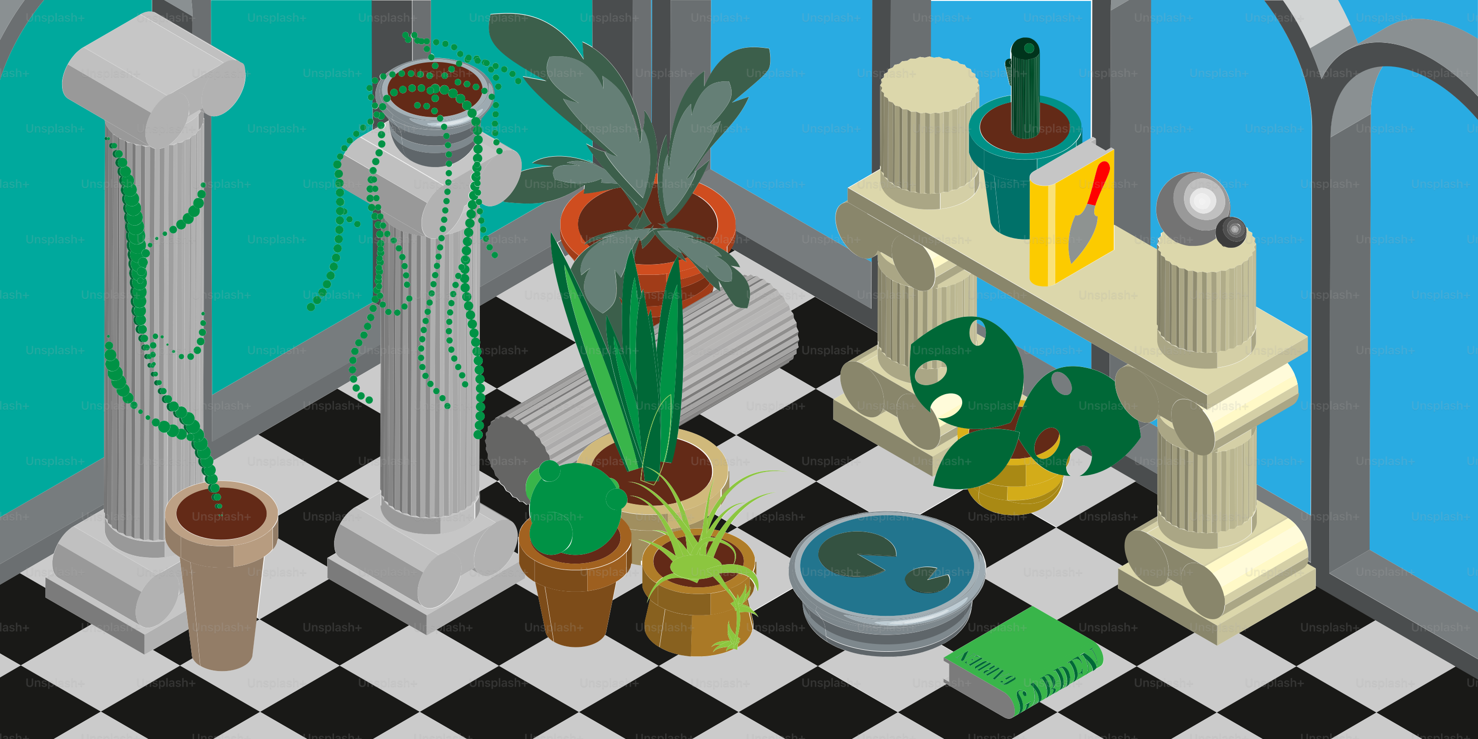 A computer generated image of a bathroom with a black and white checkered floor