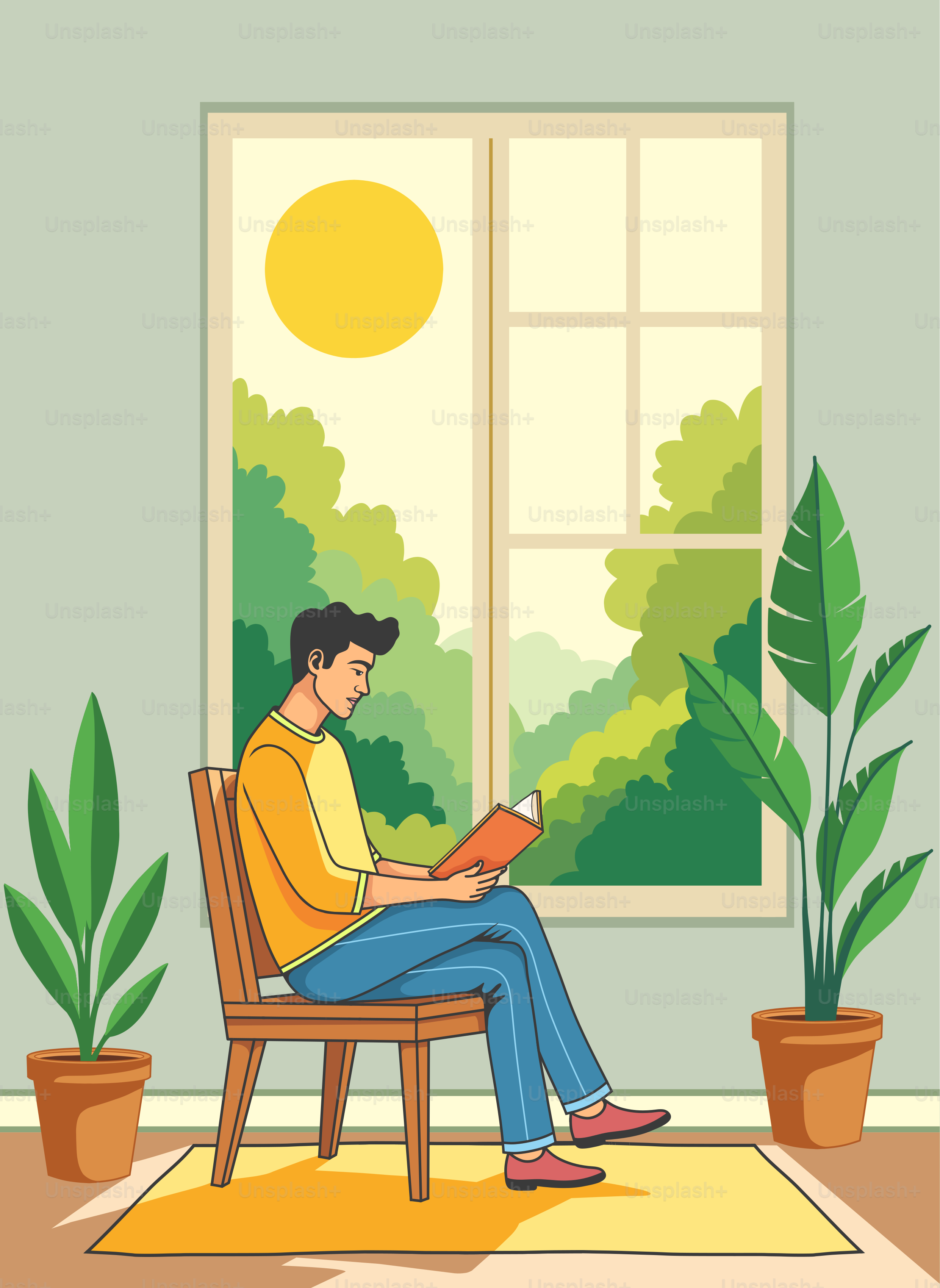 A man sitting in a chair reading a book