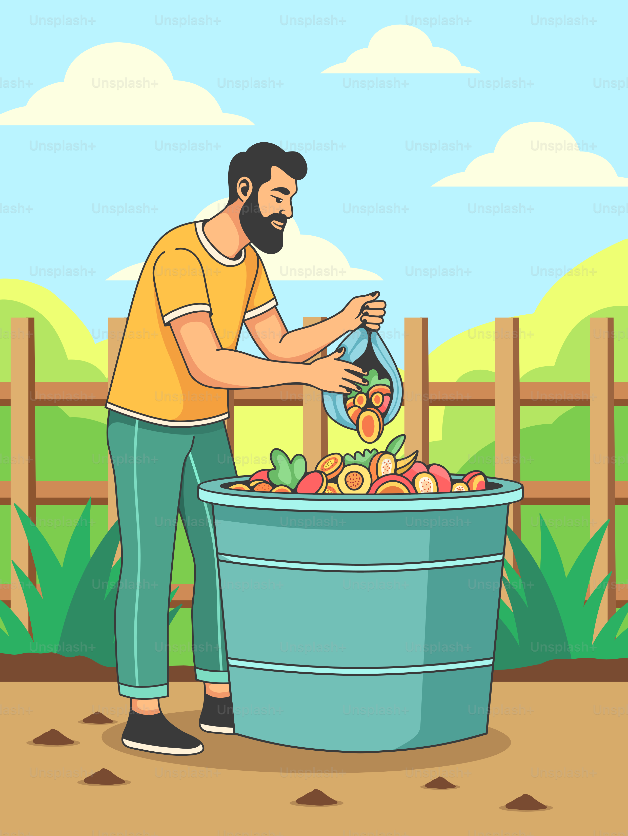 Um homem em pé ao lado de um barril azul cheio de frutas