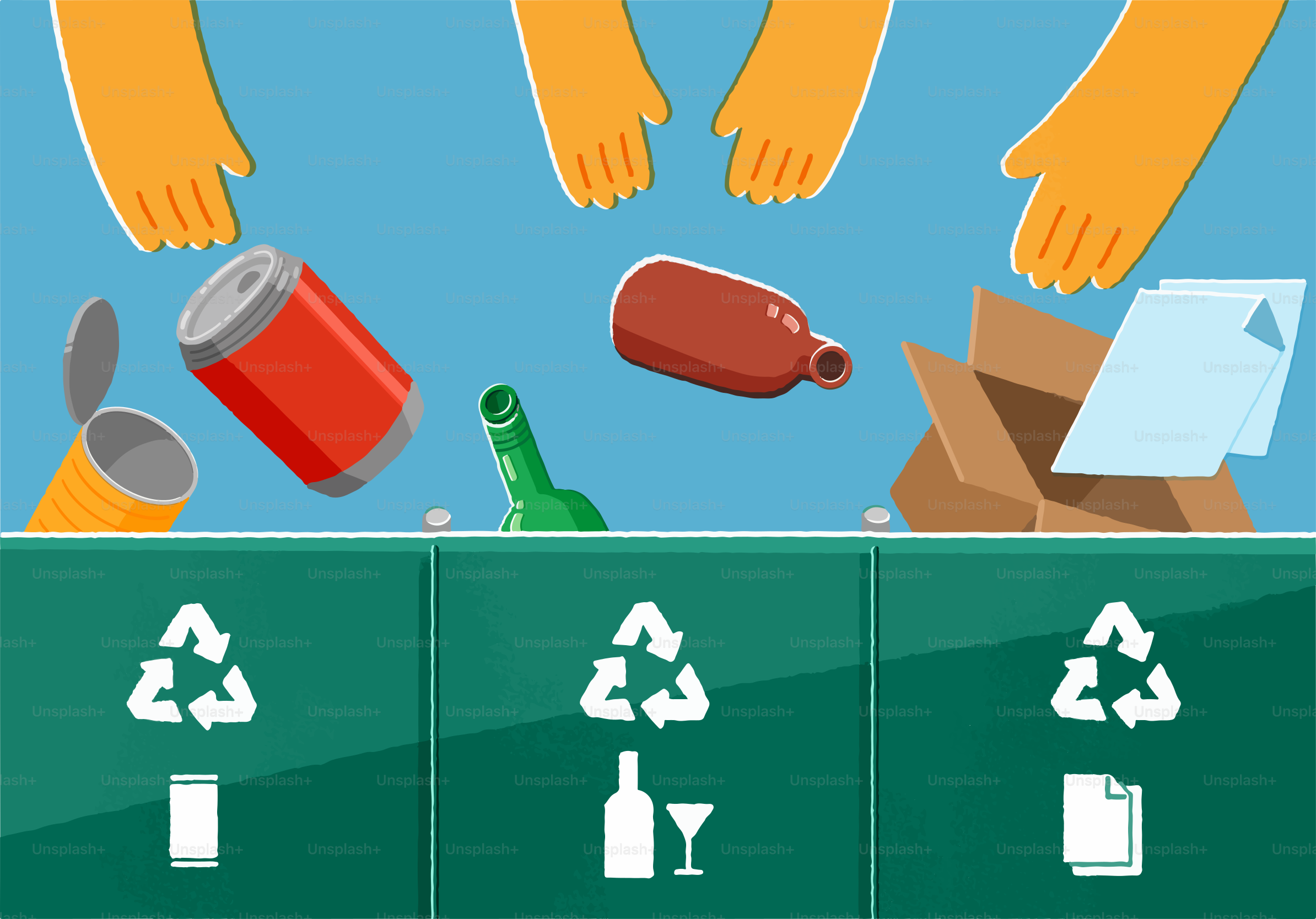 Um monte de mãos acima de uma lixeira