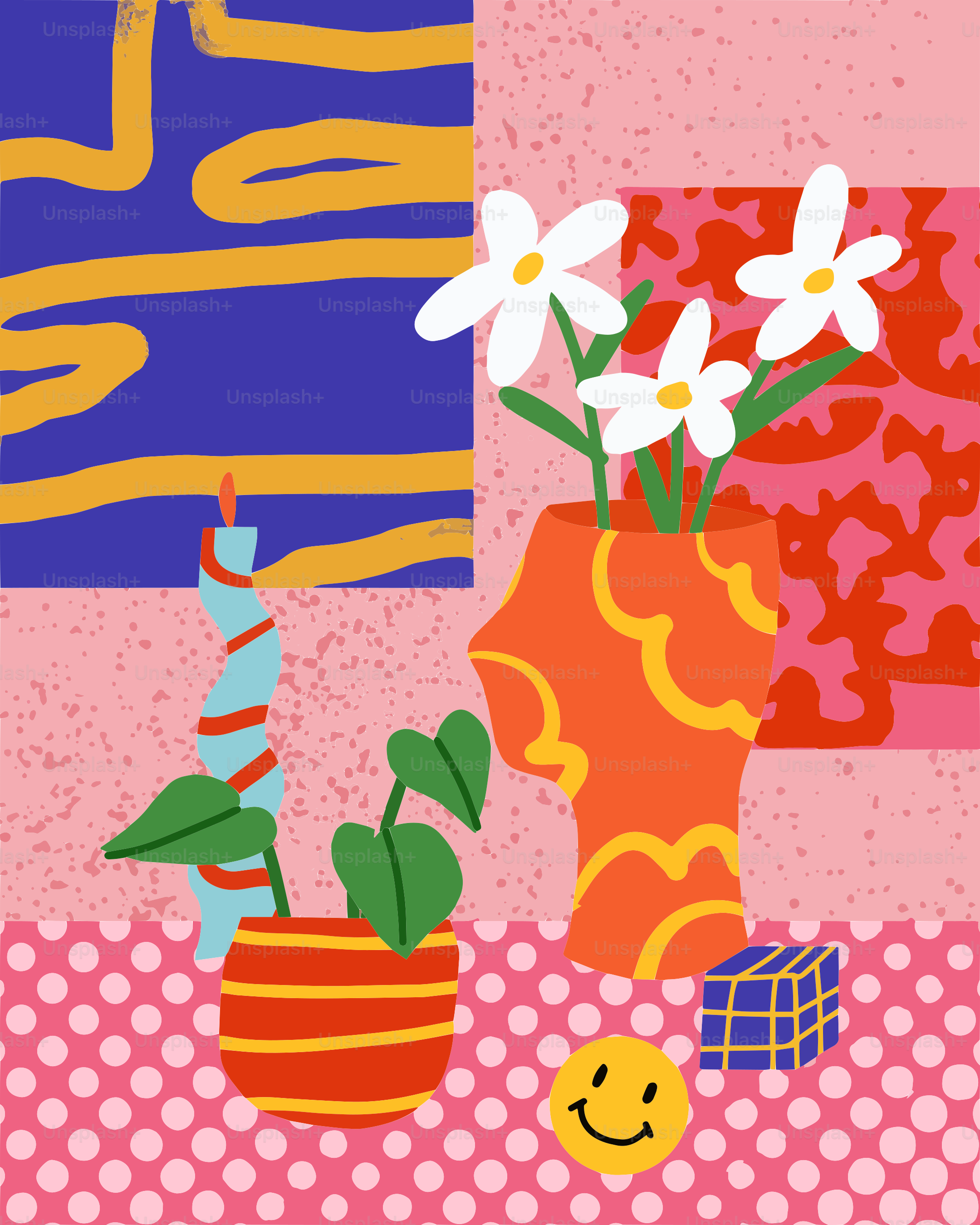 A painting of a vase with flowers and a smiley face