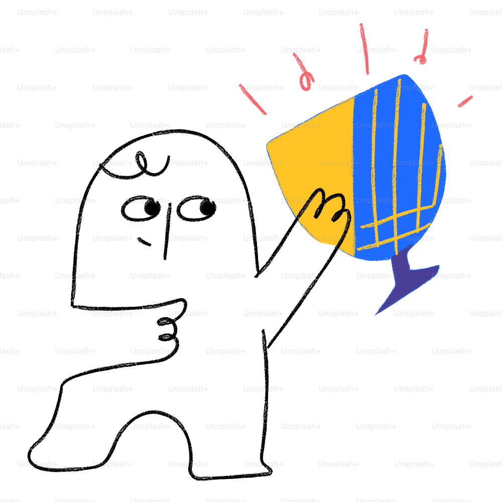 A drawing of a person holding a blue and yellow object