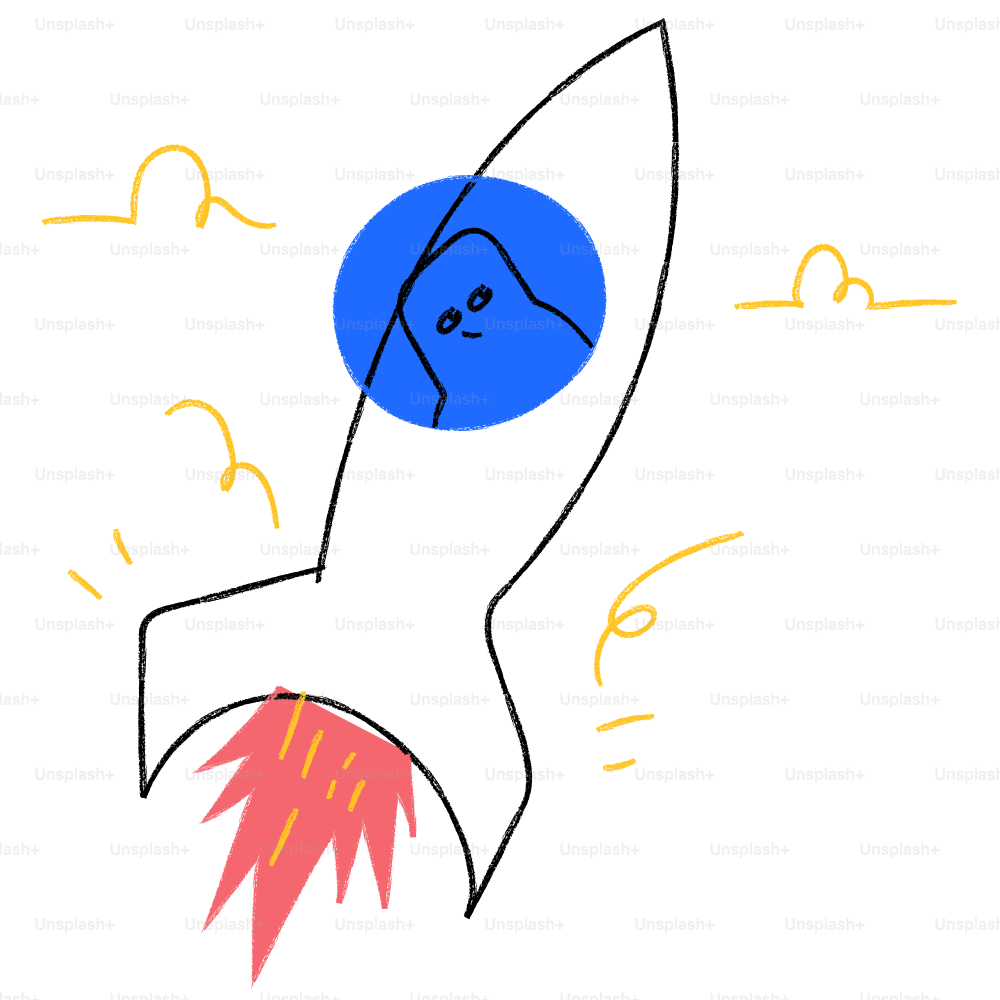 A drawing of a rocket ship with a man on it