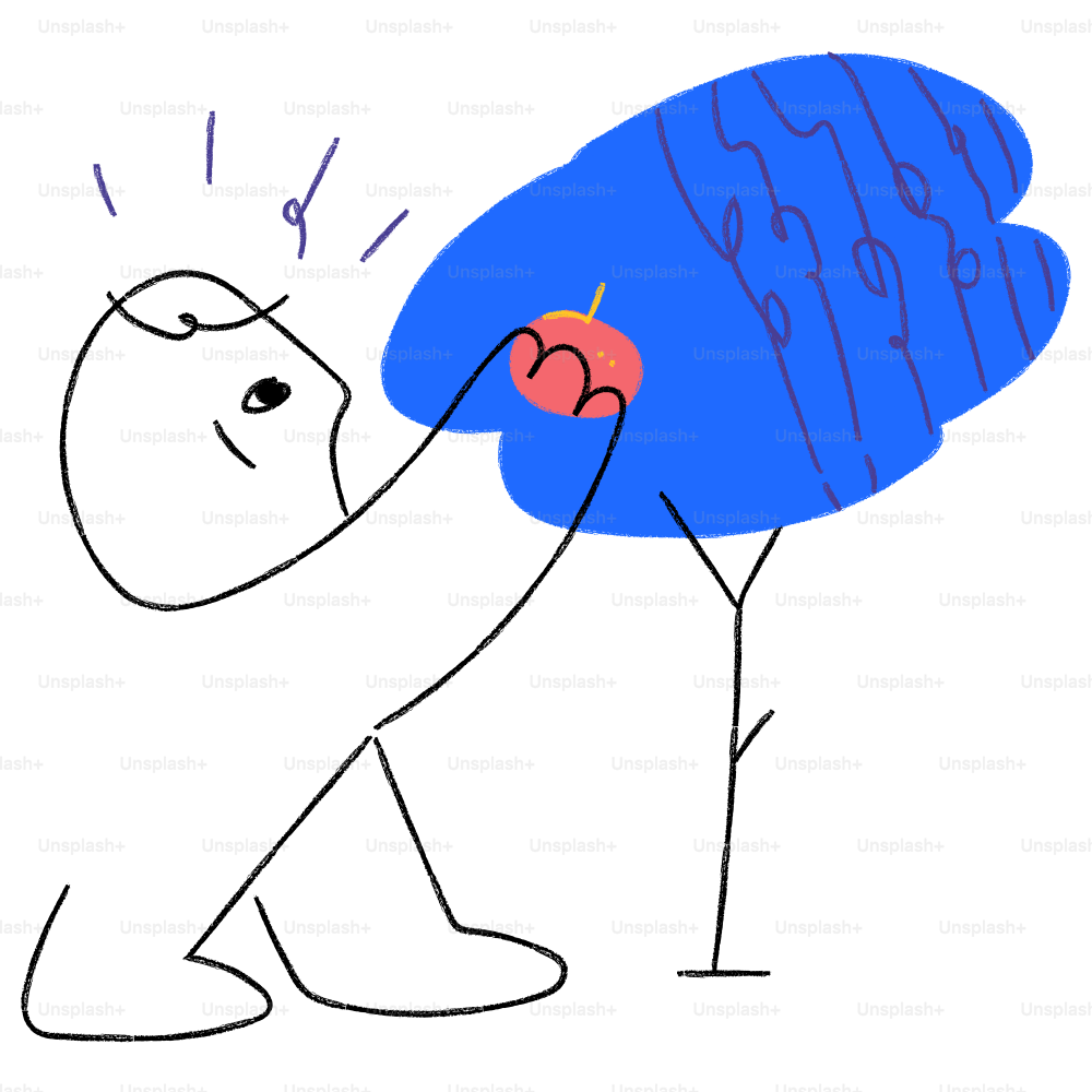 A drawing of a person holding a piece of fruit