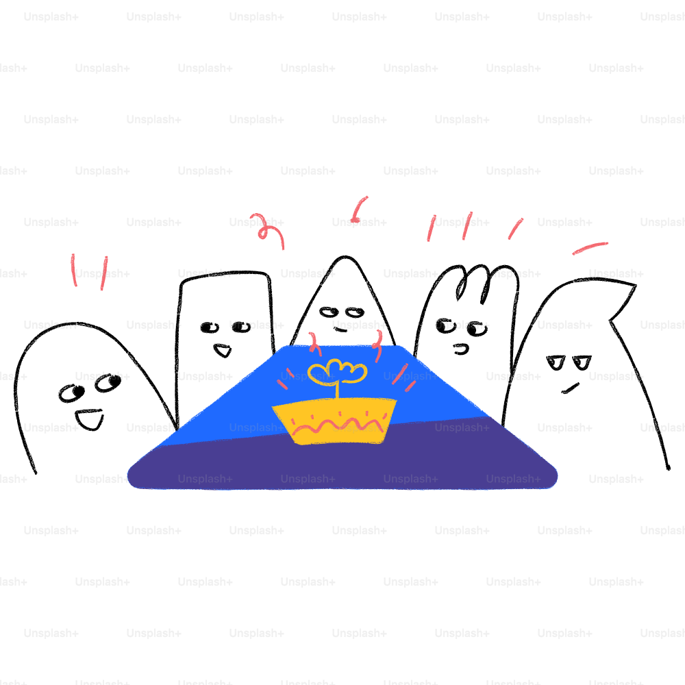 A drawing of a group of people with a cake