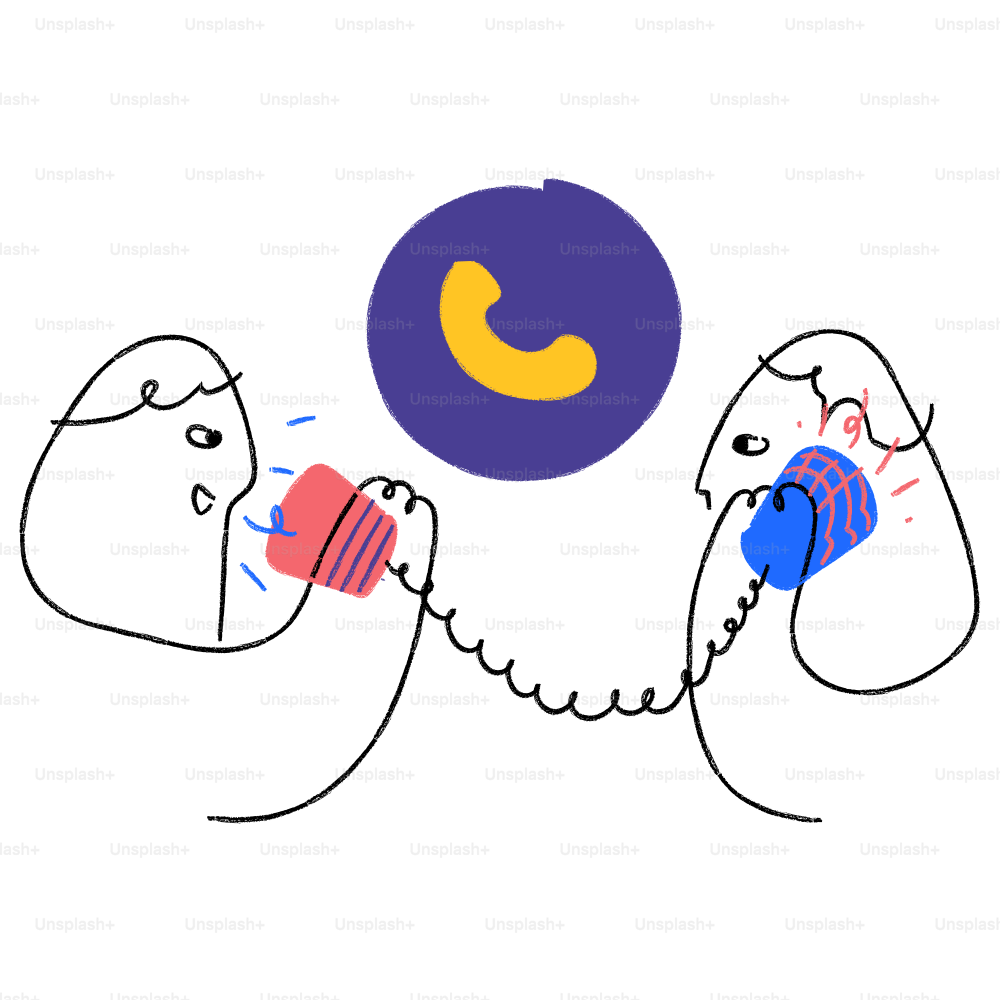 A drawing of two people talking on a phone