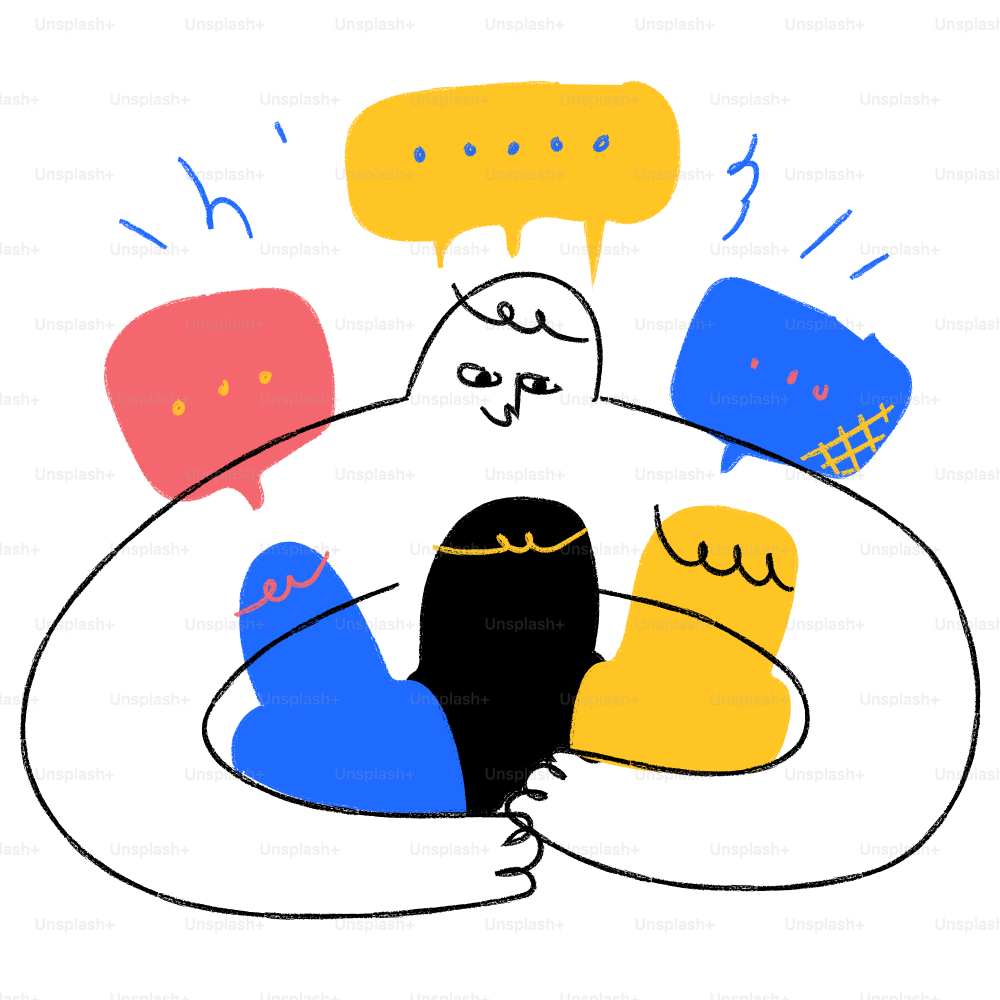 A drawing of a person sitting down with two speech bubbles above their head