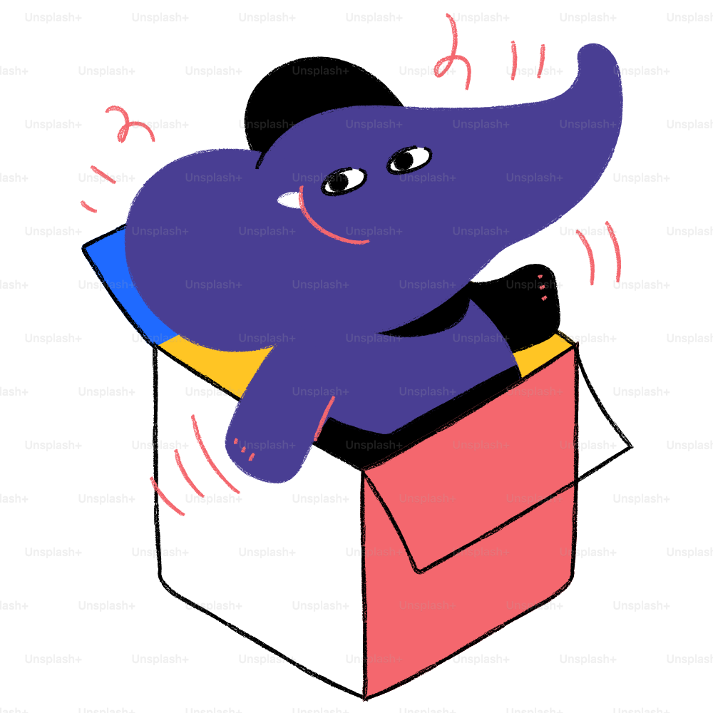 Un elefante morado está sentado en una caja