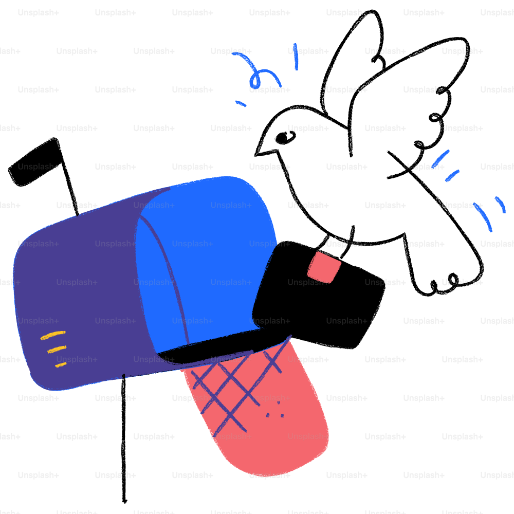 A drawing of a bird flying over a mailbox