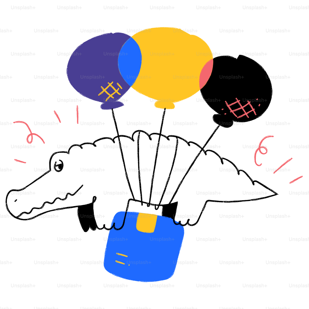 A drawing of a dinosaur with balloons in it's mouth