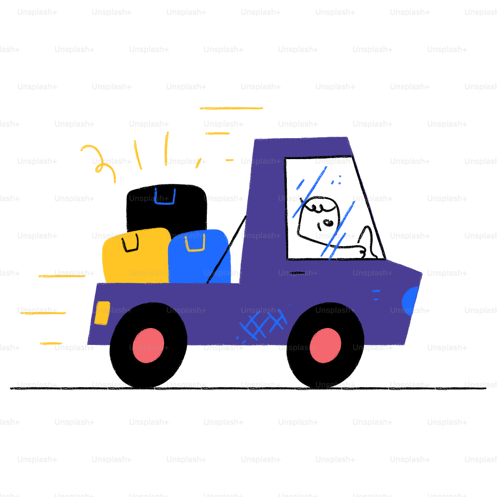 A cartoon car with luggage in the back