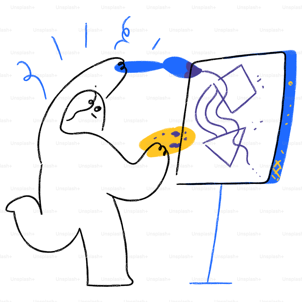 A drawing of an elephant holding a paintbrush