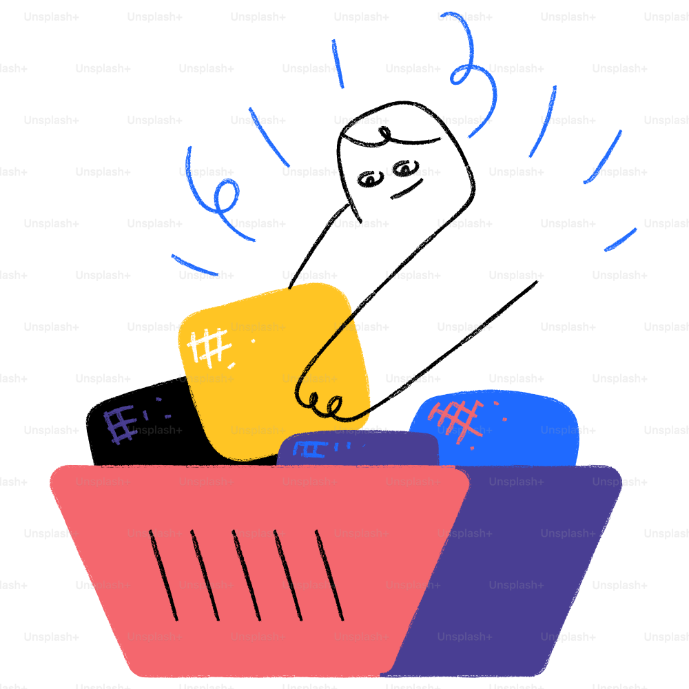 A drawing of a person in a shopping basket