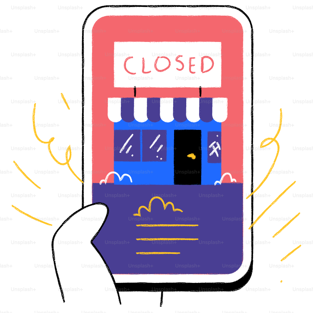 A hand holding a smart phone with a closed sign on it