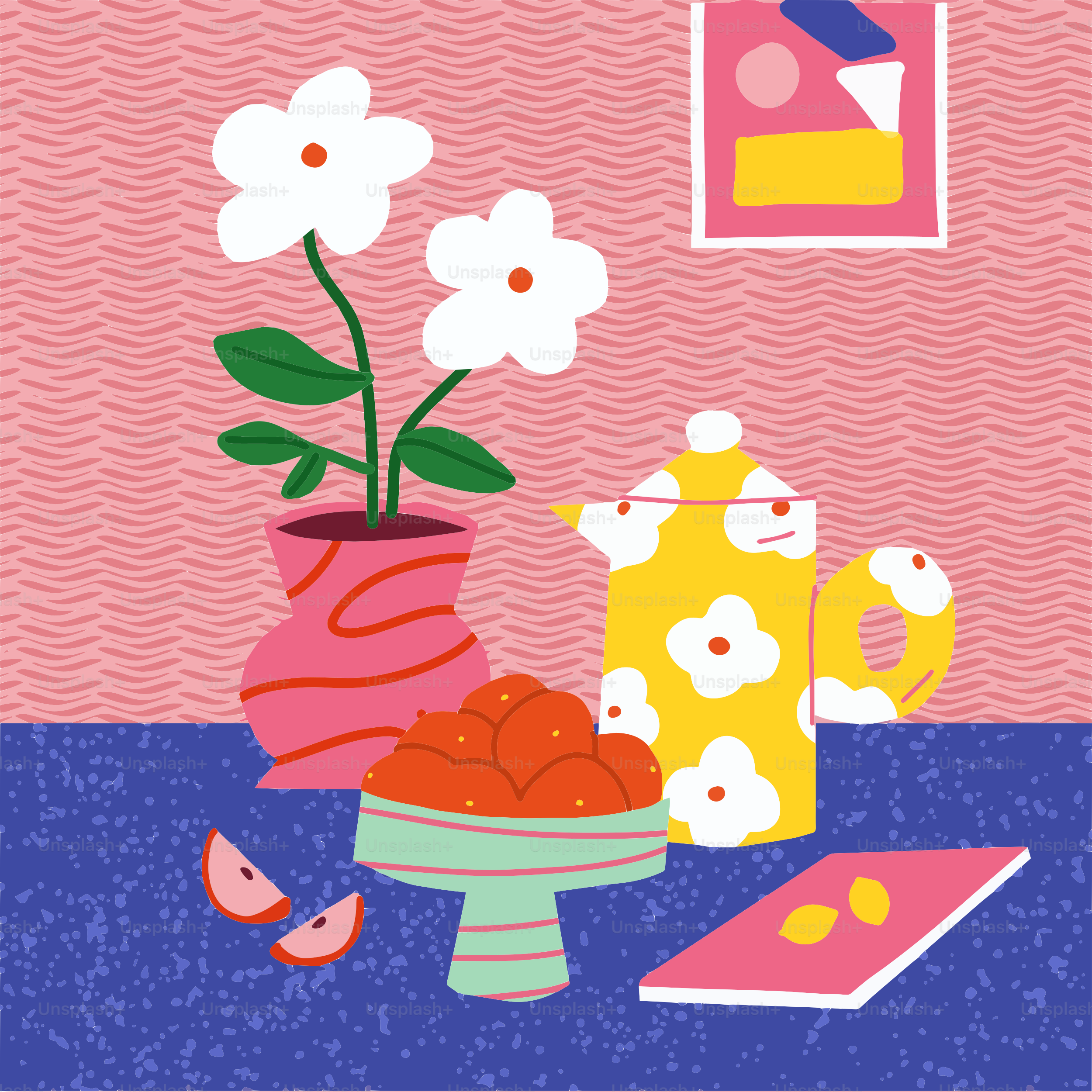 A painting of a vase with flowers and a book