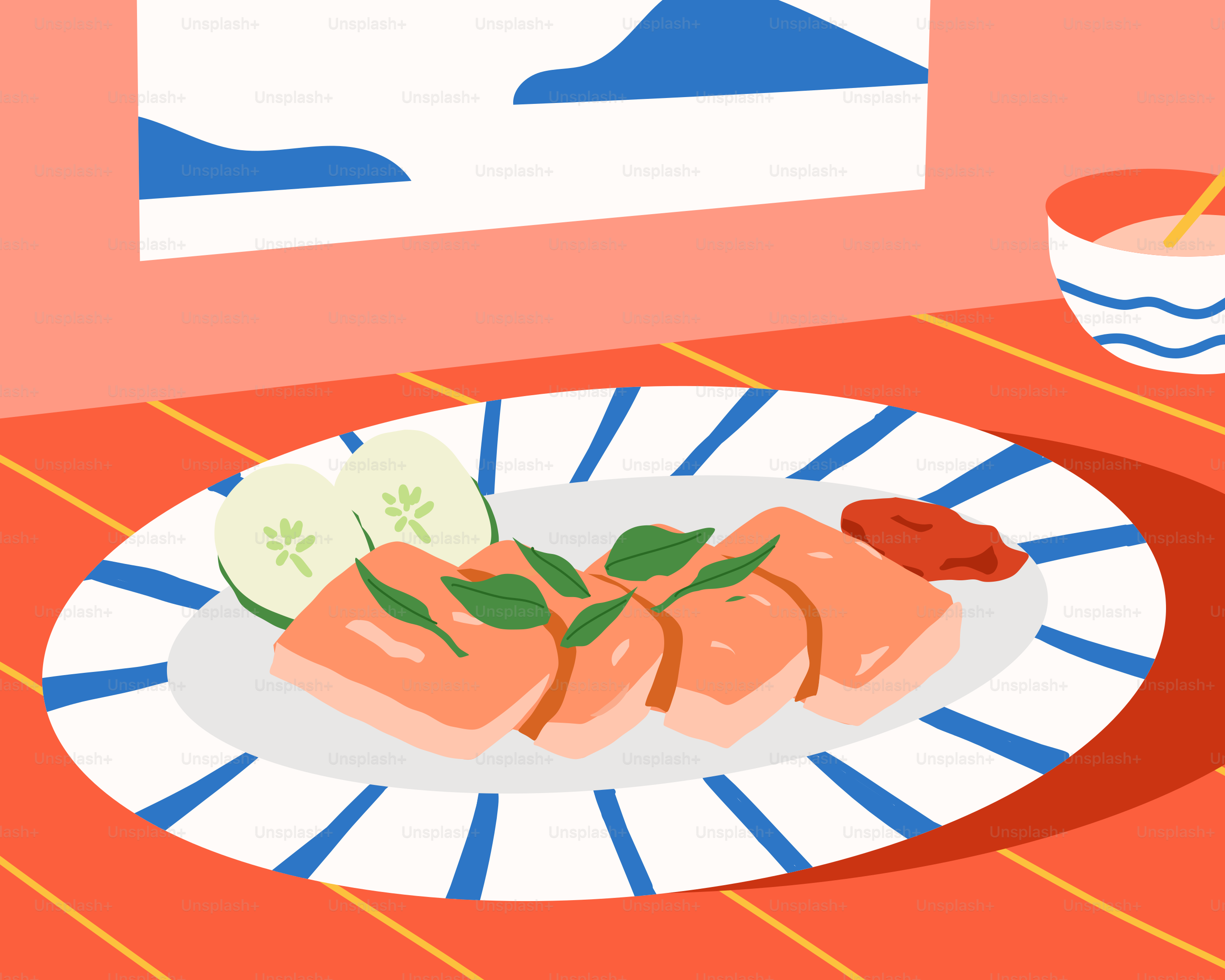 A plate of food on a table next to a bowl of soup